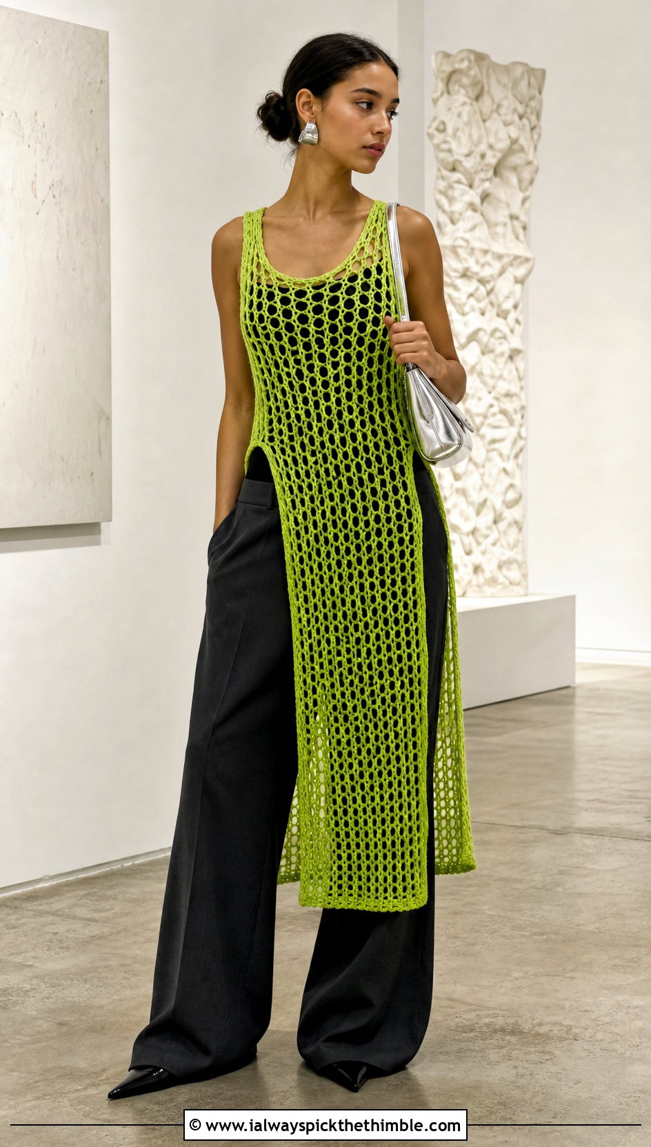 Mesh Crochet Tank Dress With Wide Leg Trousers - 20 Crochet Tank Dress outfit ideas