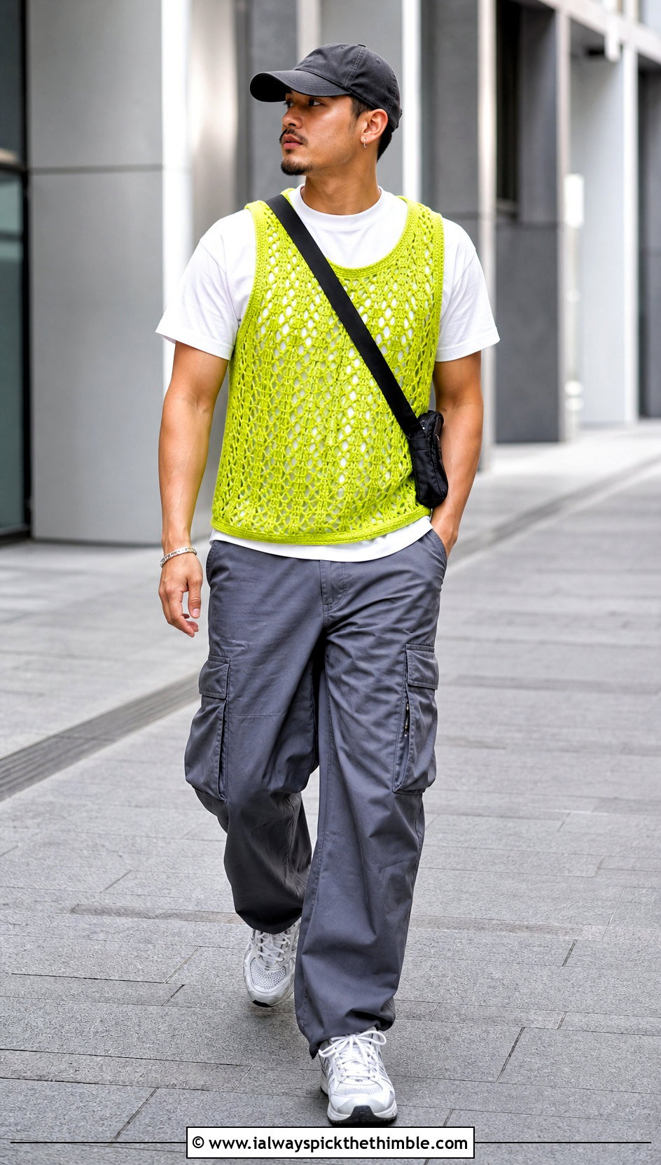 Mesh Crochet Tank Top With Cargo Pants - 25 crochet outfits for men outfit ideas