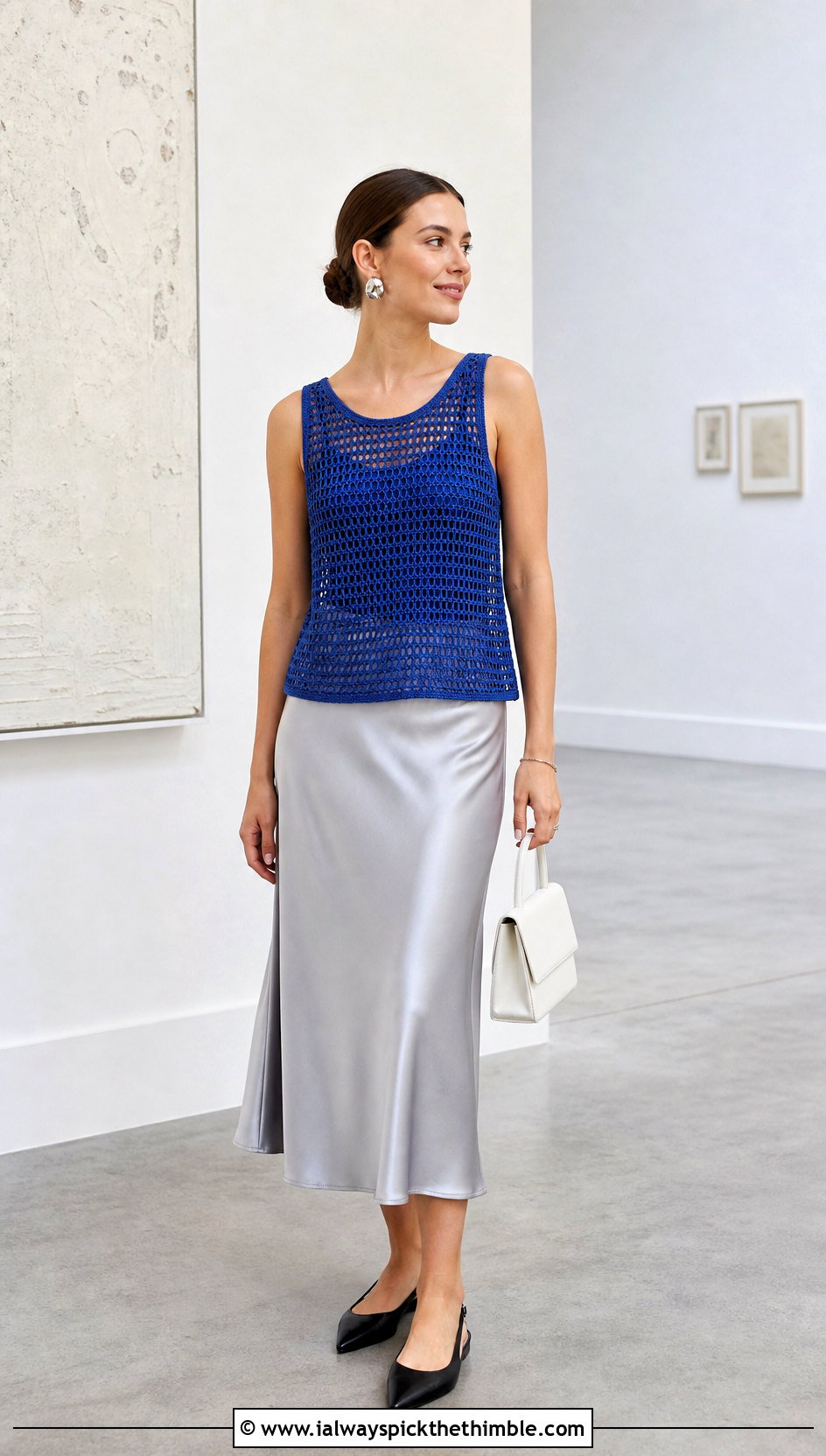 Mesh Crochet Tank Top With Satin Midi Skirt - 25 style crochet top outfit ideas