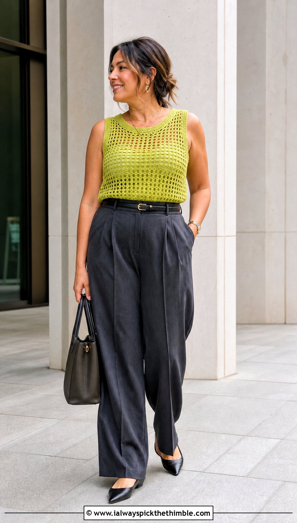 Mesh Crochet Tank Top With Tailored Trousers - 20 crochet for tops outfit ideas