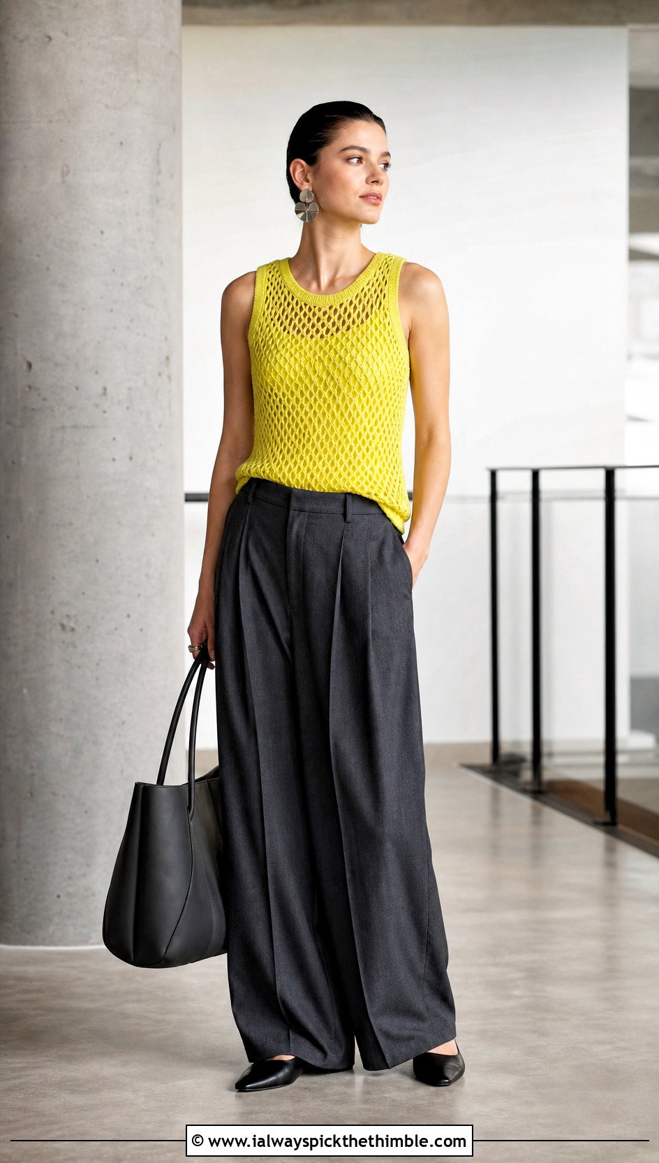 Mesh Crochet Tank Top With Tailored Trousers - 20 different types of crochet tops outfit ideas