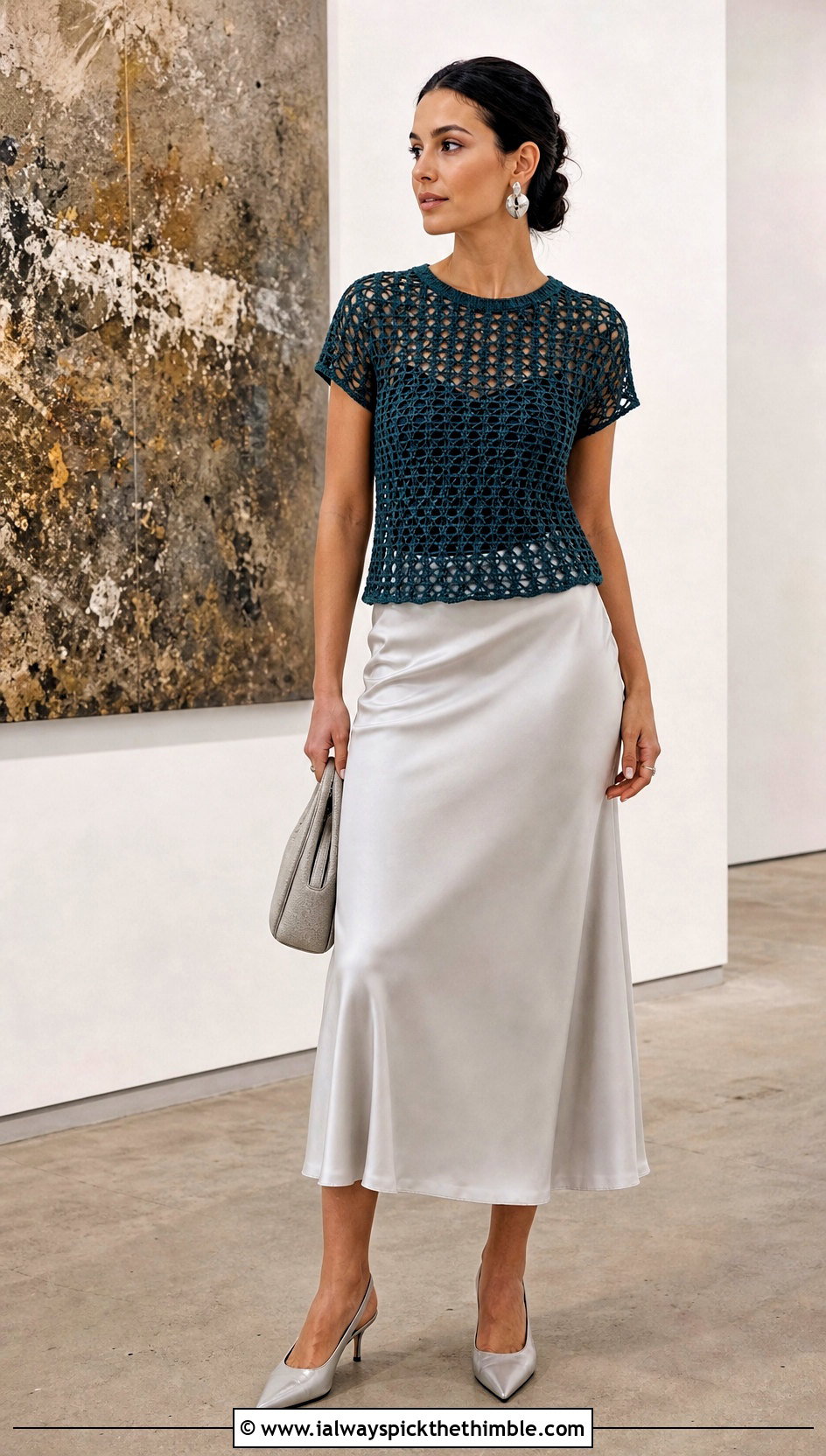 Mesh Crochet Tee With Satin Slip Skirt - 25 simple crochet tops outfit ideas