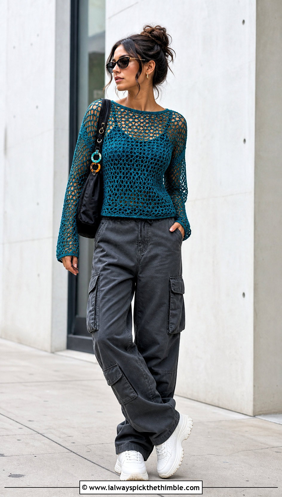 Mesh Crochet Top With Cargo Pants - 25 Kawaii Crochet Clothes and outfit ideas