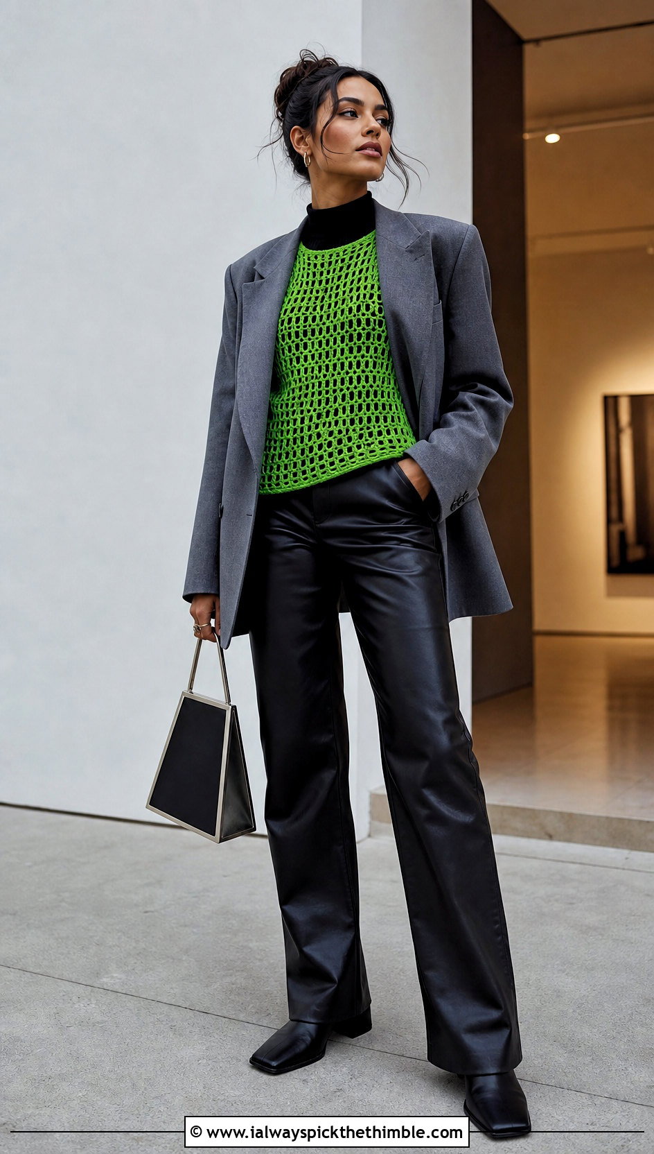 Mesh Crochet Top With Leather Pants - 25 crochet fall top outfit ideas