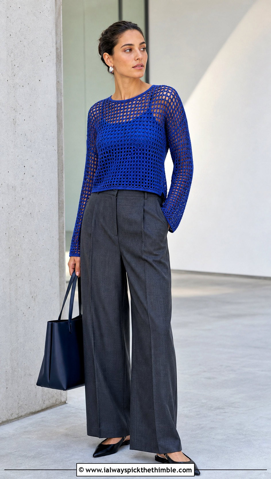 Mesh Crochet Top With Tailored Trousers - 25 whimsical crochet clothes and outfit ideas
