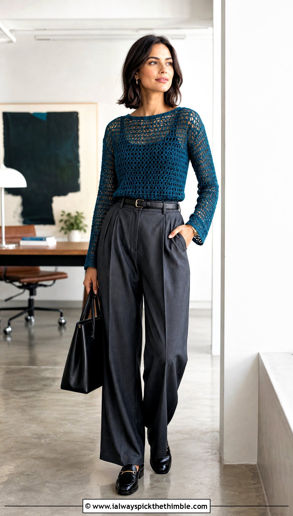 Mesh Crochet Top With Tailored Trousers - 20 jaded london crochet top outfit ideas