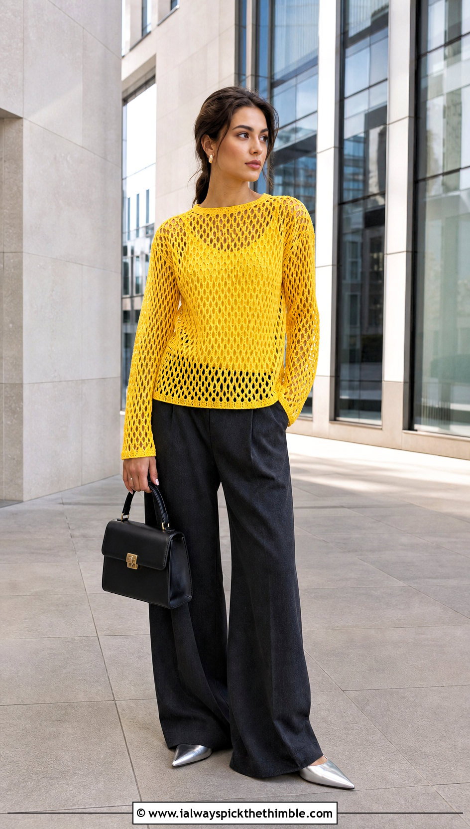 Mesh Crochet Top With Tailored Wide Leg Pants - 25 cute crochet clothes ideas
