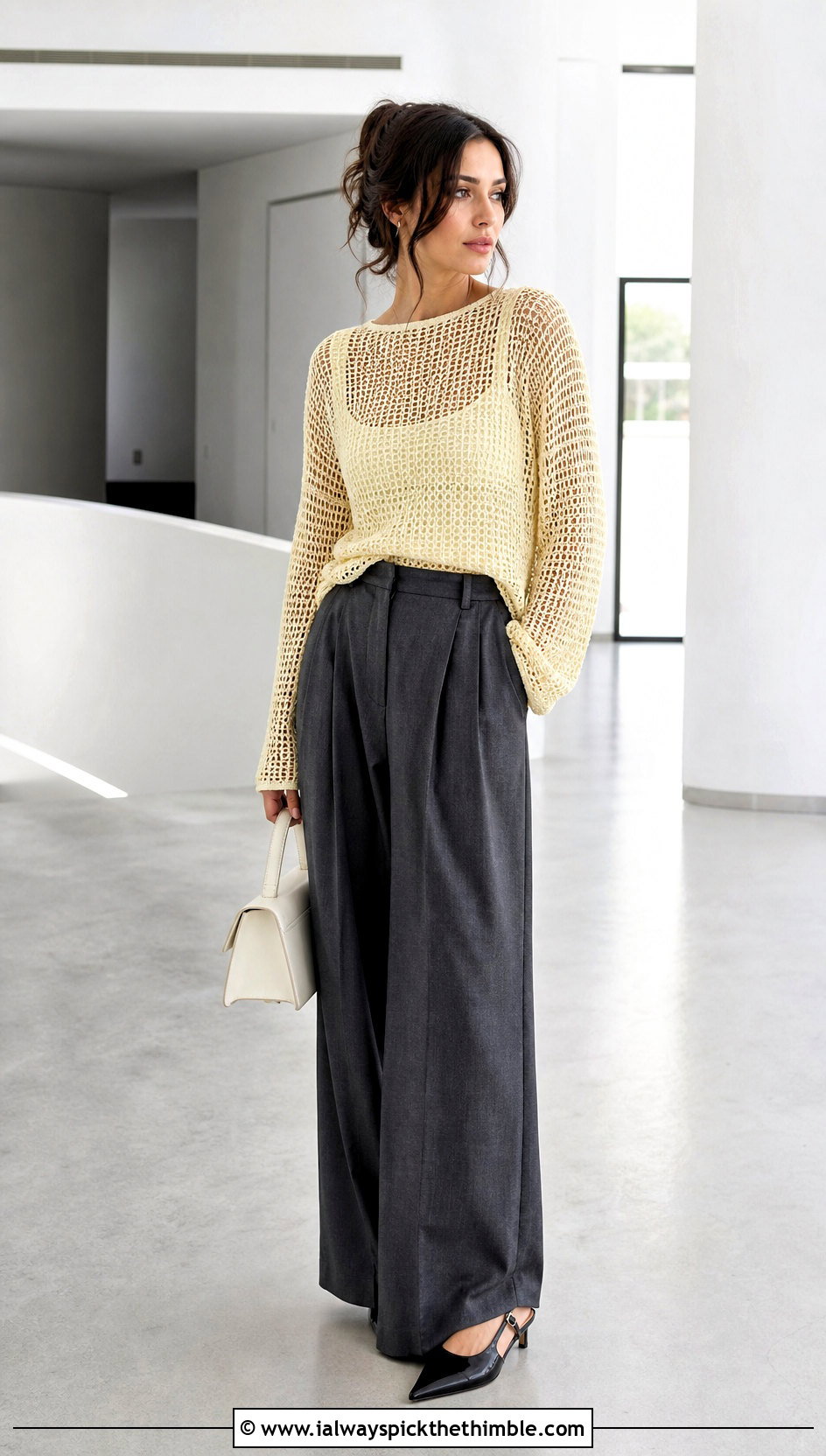 Mesh Crochet Top With Tailored Wide Leg Pants - 20 Custom Crochet Clothes and outfit ideas