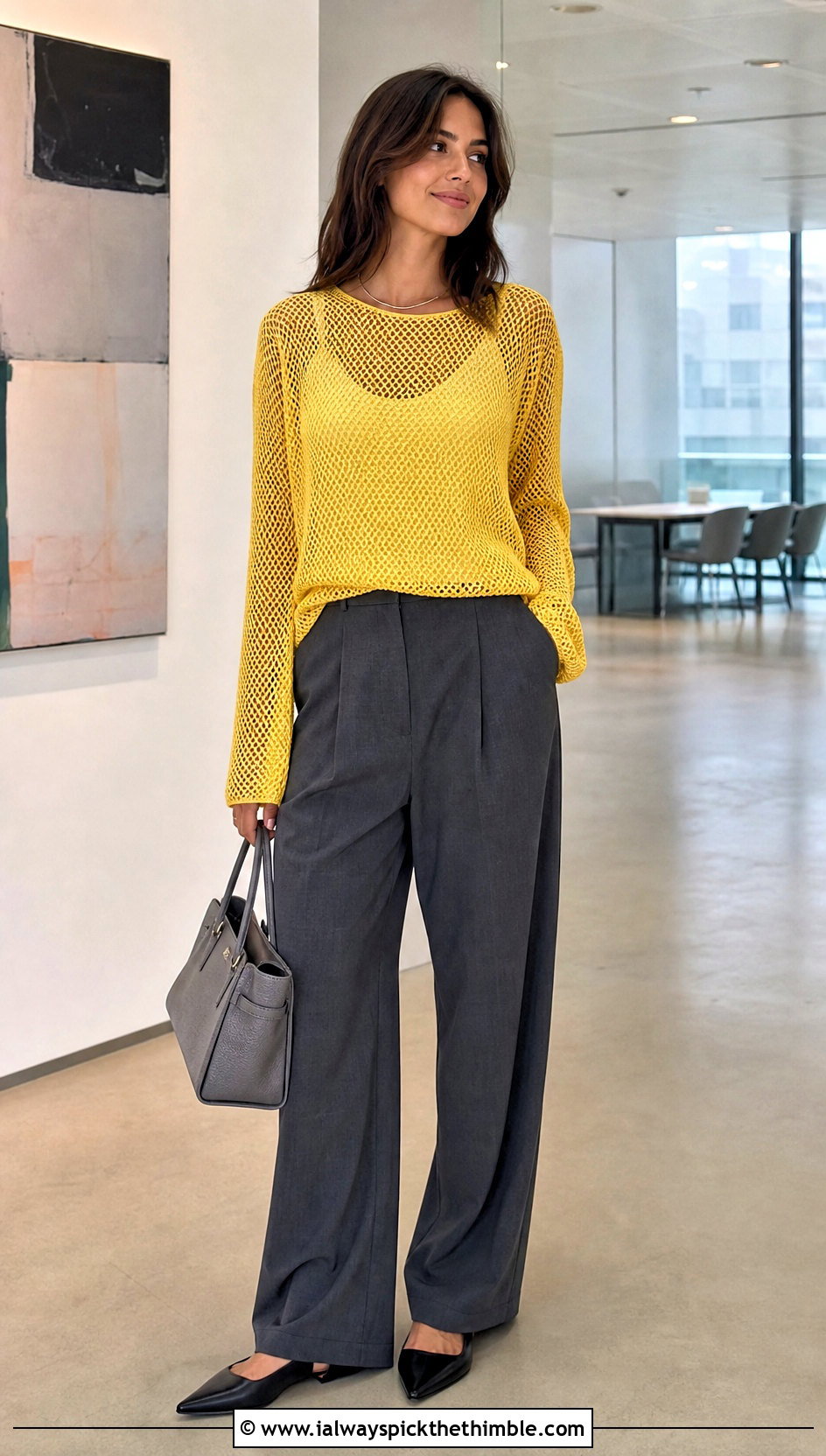 Mesh Crochet Top With Tailored Wide Leg Trousers - 25 crochet outfit ideas
