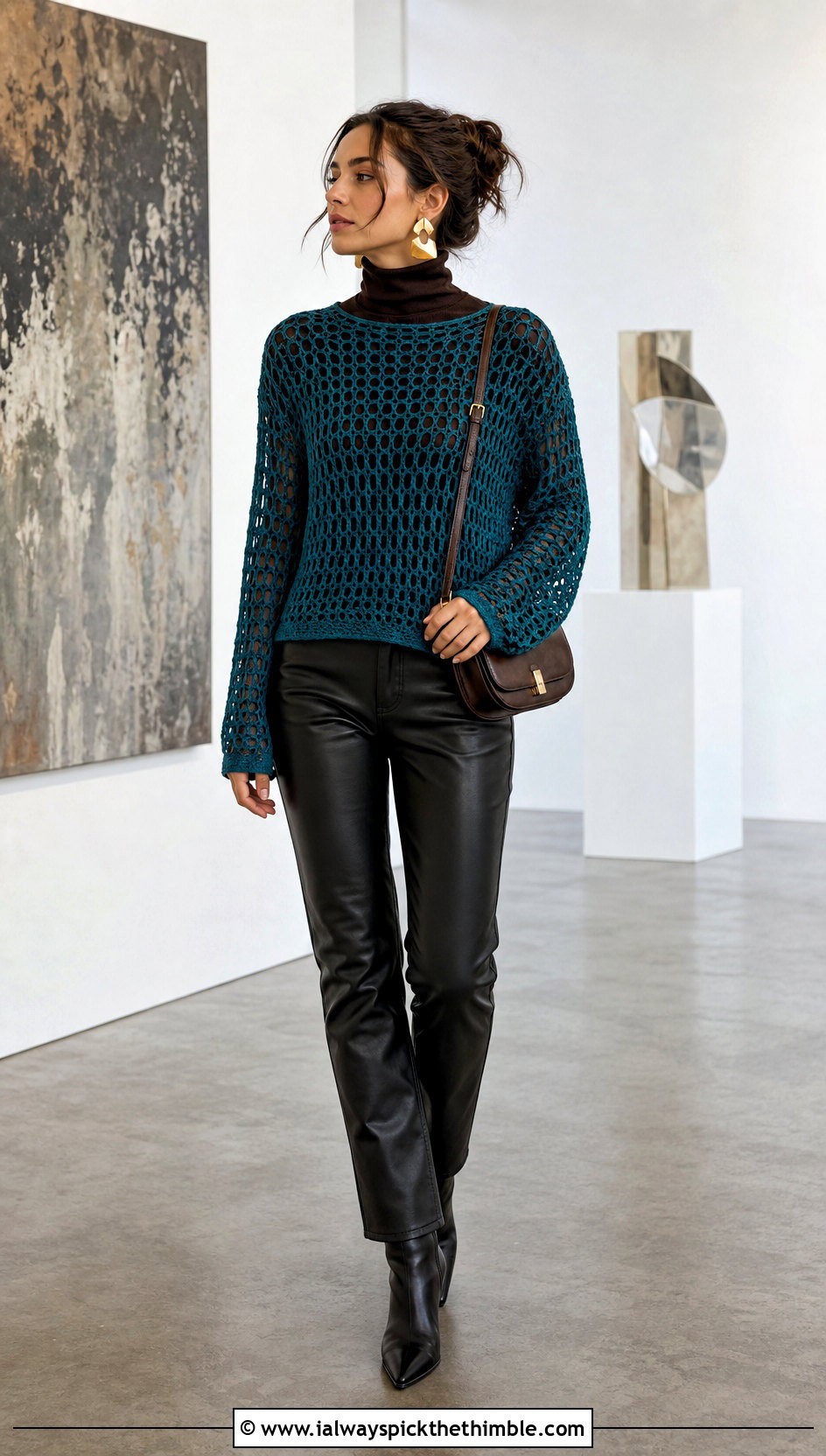 Mesh Crochet Top With Turtleneck And Leather Pants - 25 fall crochet clothes and outfit ideas