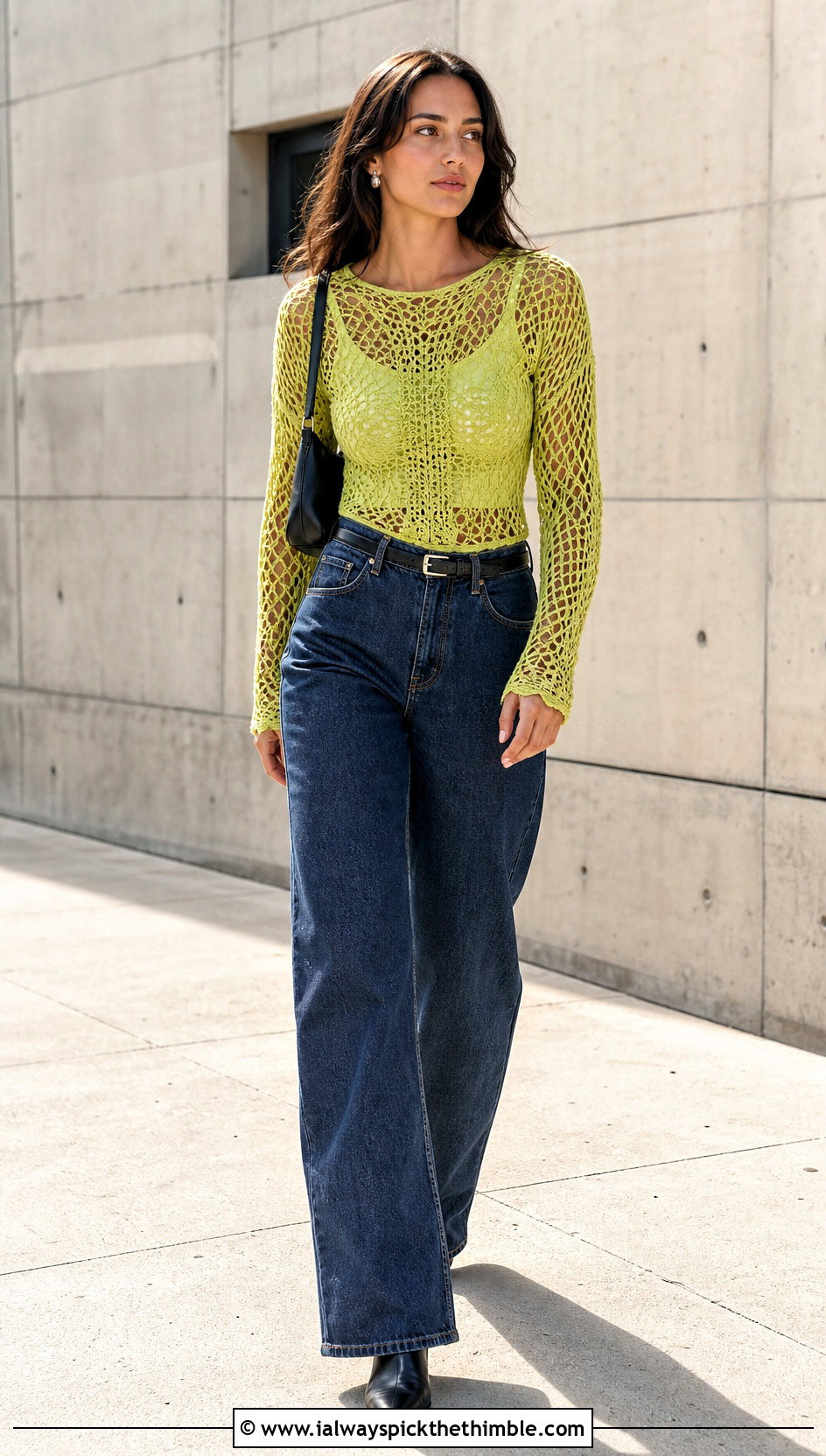 Mesh Crochet Top With Wide Leg Jeans - 15 Crochet Photo Shoot Outfits ideas