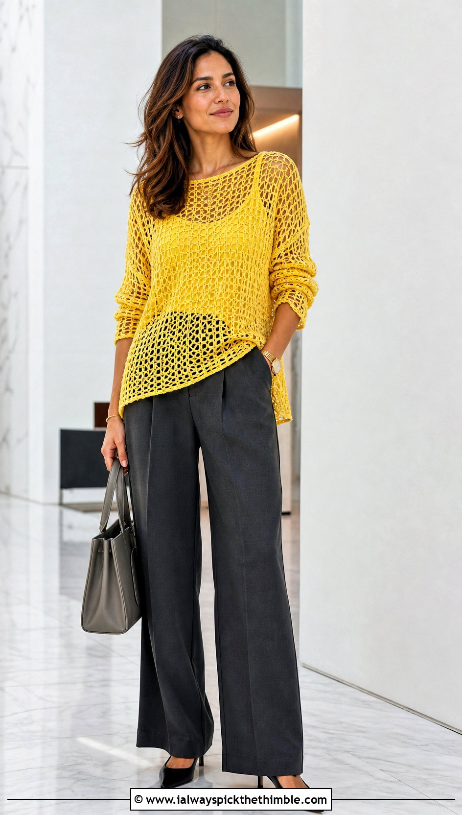 Mesh Crochet Tunic With Tailored Trousers - 20 Flowy Crochet Top outfit ideas