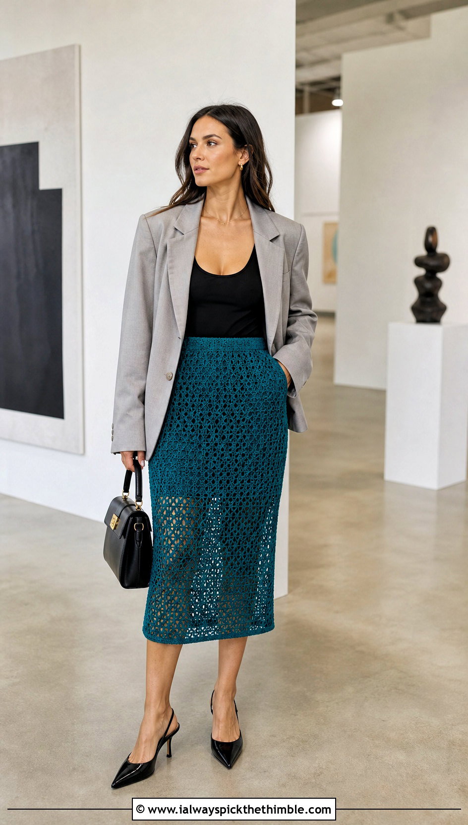 Mesh Crochet Wrap Midi Skirt With Oversized Blazer - 15 wrap crochet skirt outfit ideas