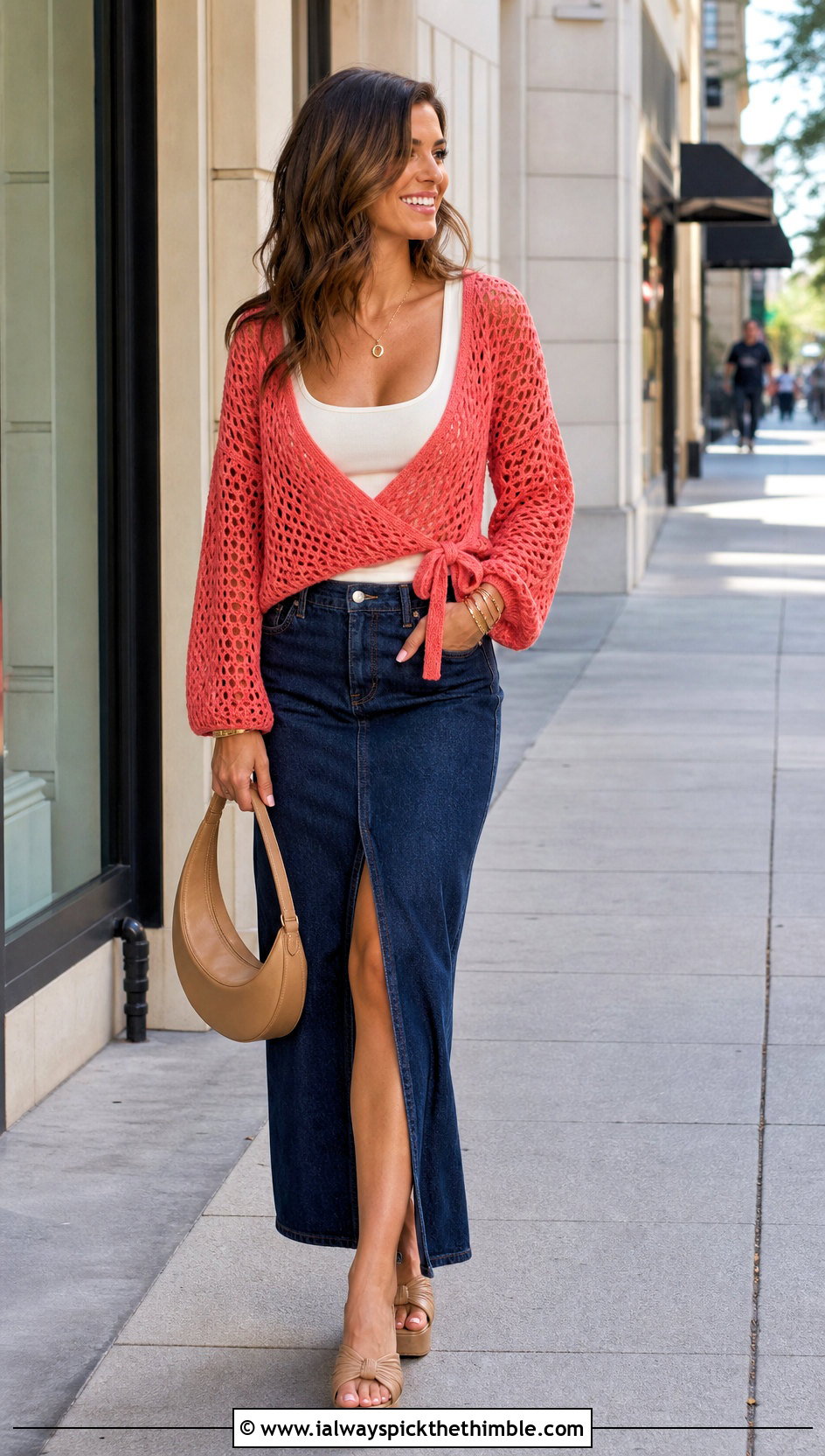 Mesh Crochet Wrap Sweater With Denim Maxi Skirt - 25 crochet wrap sweater outfit ideas