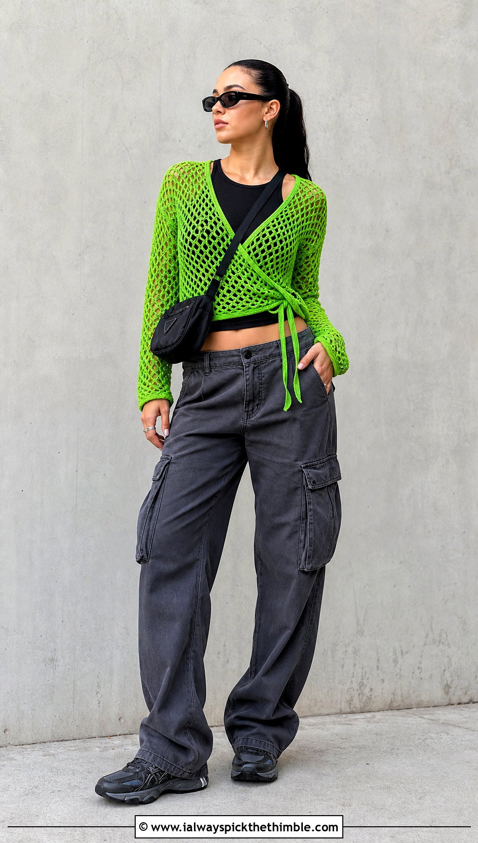 Mesh Crochet Wrap Top With Cargo Pants - 25 crochet wrap top outfit ideas