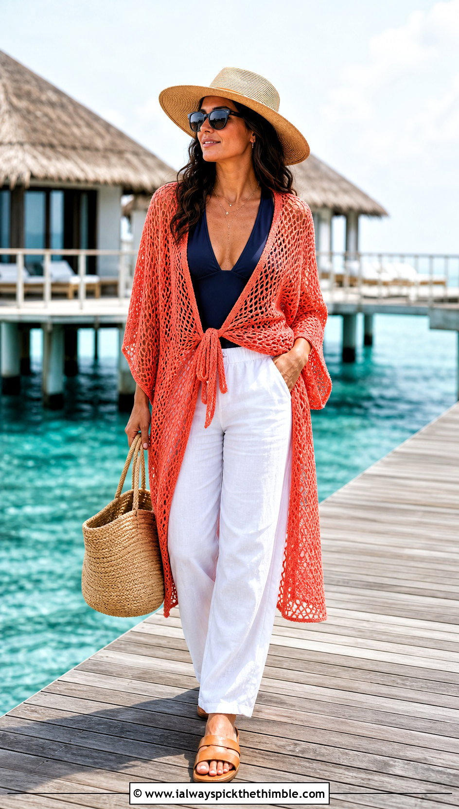 Mesh Crochet Wrap With Swimsuit And Linen Pants - 25 Crocheted Shawls And Wraps outfit ideas