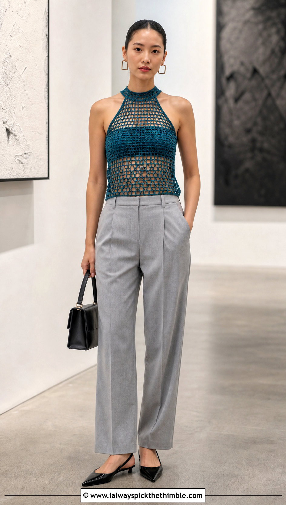 Mesh Crocheted Halter Top With Tailored Trousers - 20 crocheted halter tops outfit ideas