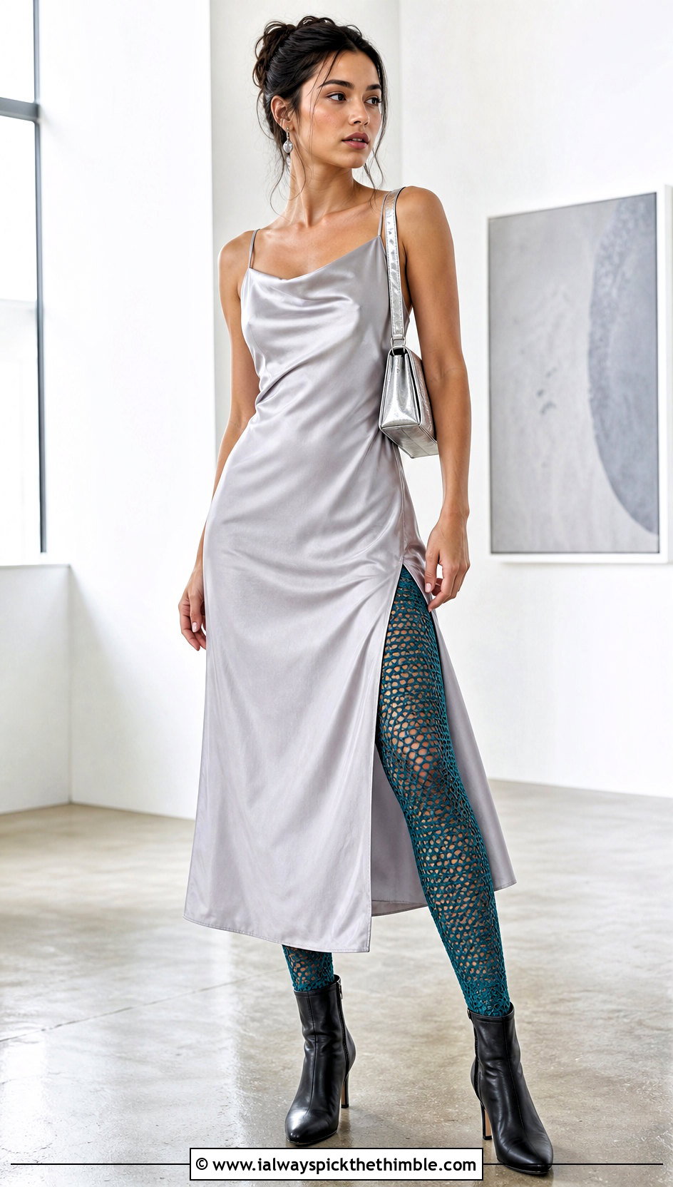 Mesh Crocheted Leggings With Satin Slip Dress - 20 Crocheted Leggings outfit ideas