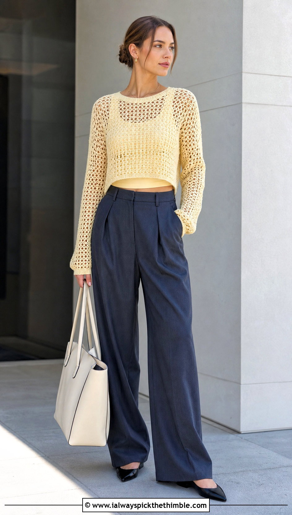 Mesh Cropped Crochet Sweater With Tailored Trousers - 20 Easy Crochet Cropped Sweater outfit ideas