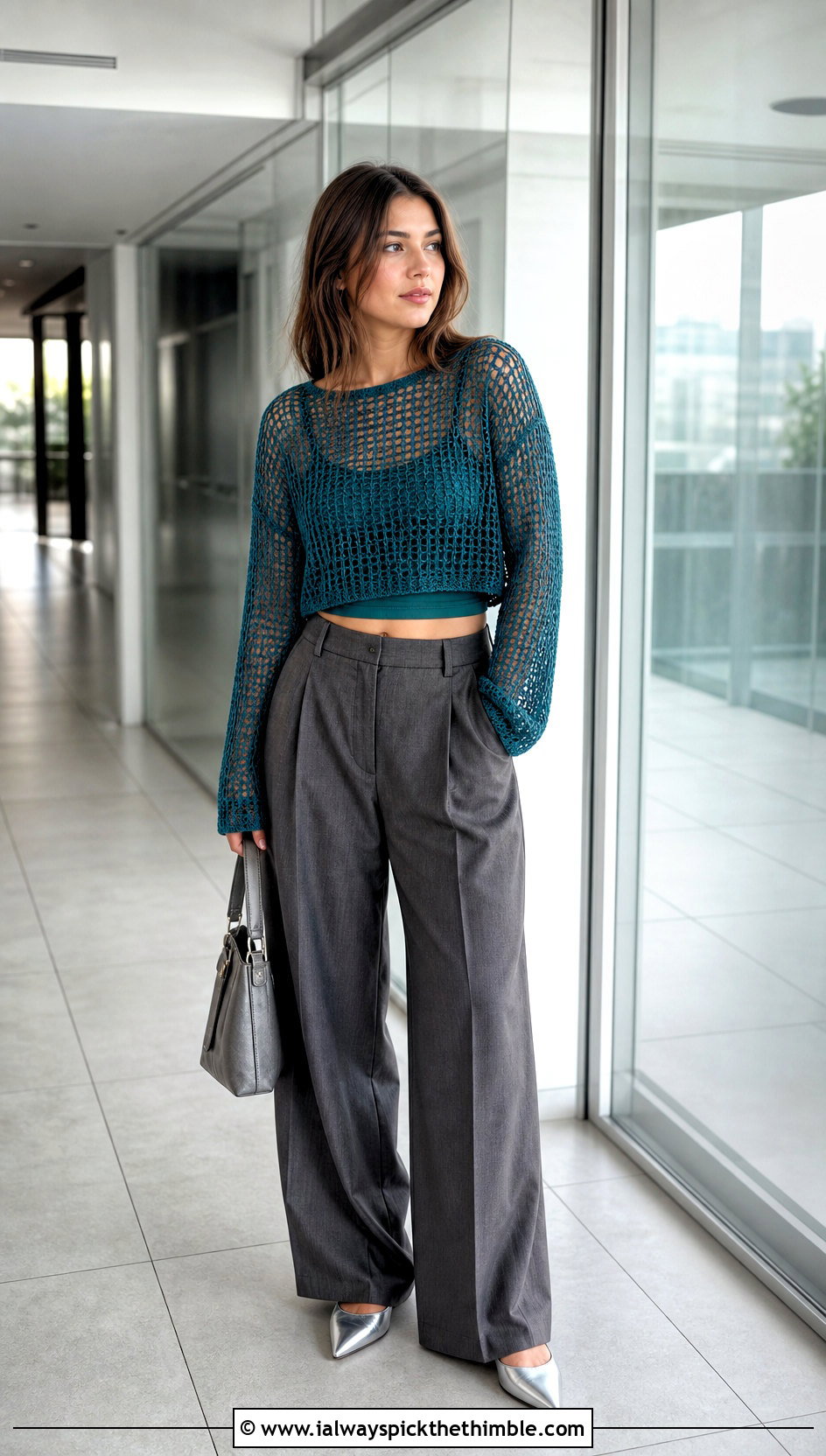 Mesh Cropped Crochet Sweater With Wide Leg Trousers - 25 crochet cropped sweater outfit ideas