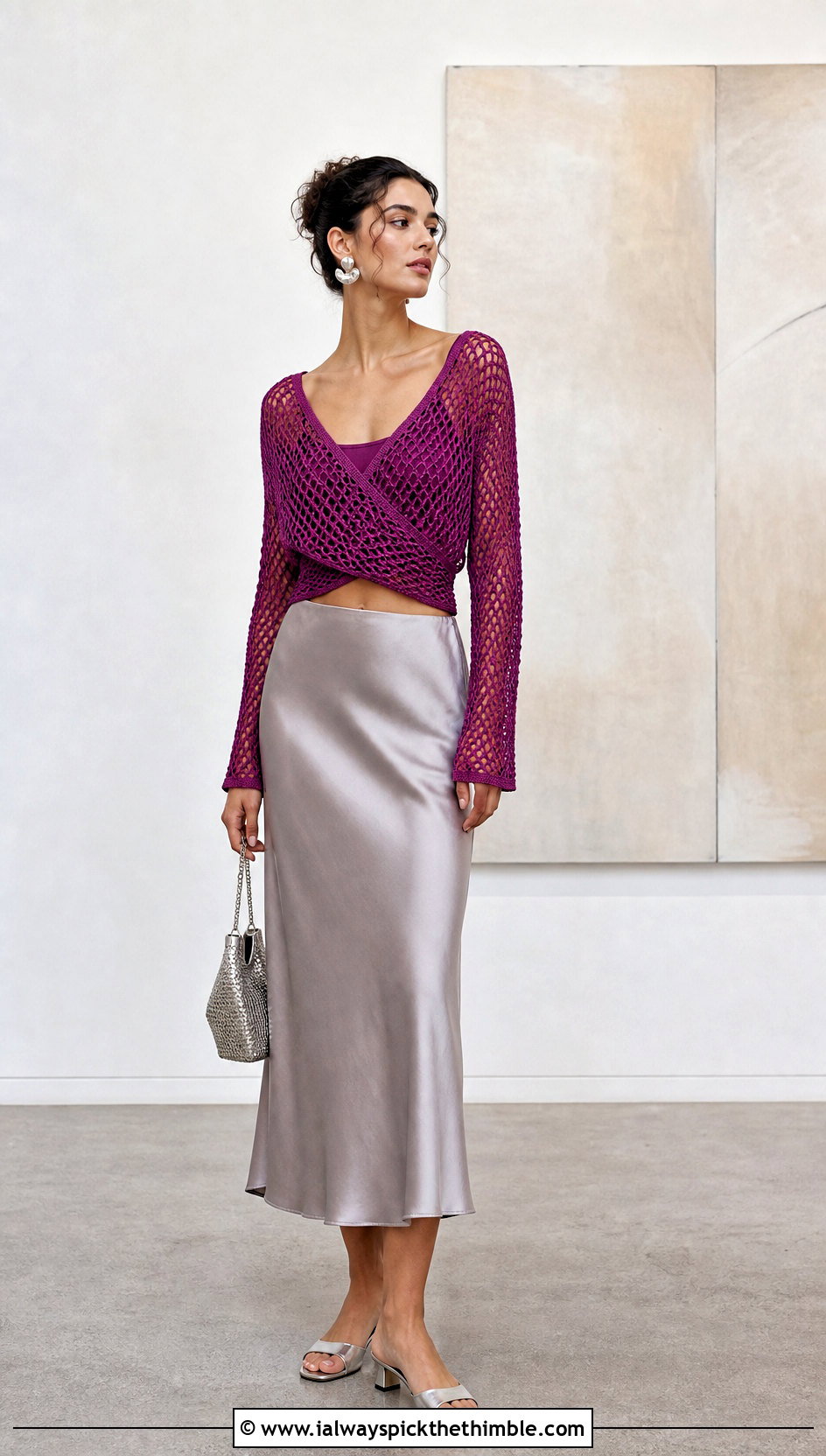 Mesh Cross Front Crochet Top With Satin Midi Skirt - 20 Crochet Cross Top outfit ideas