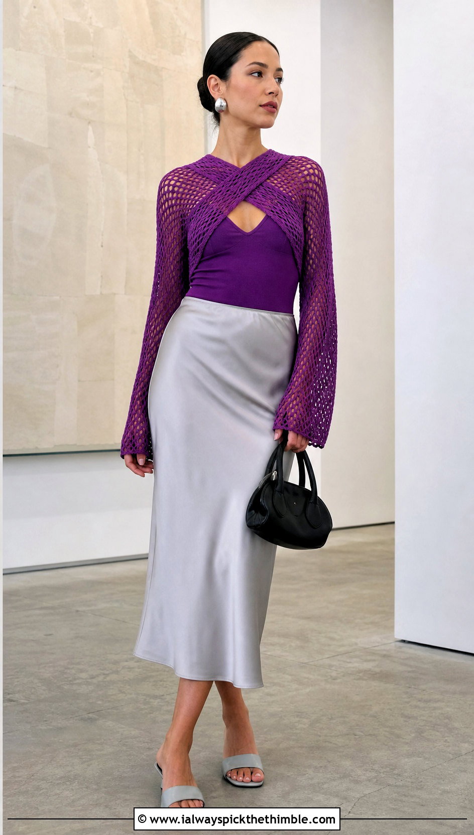 Mesh Cross Front Crochet Top With Satin Midi Skirt - 20 crochet cross over top outfit ideas