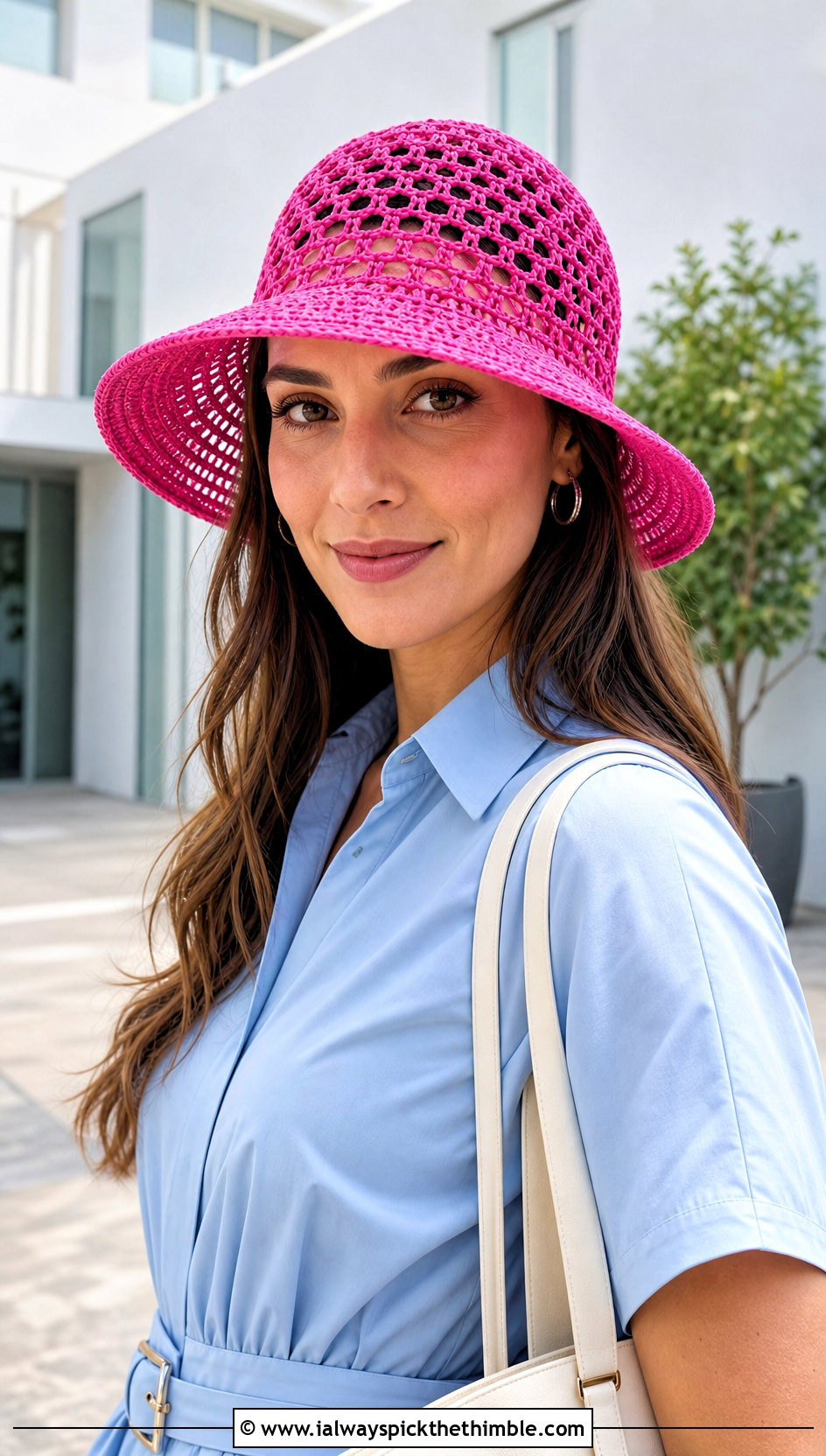 Mesh Crown Crochet Sun Hat With Shirt Dress - 20 Easy Crochet Sun Hat outfit ideas