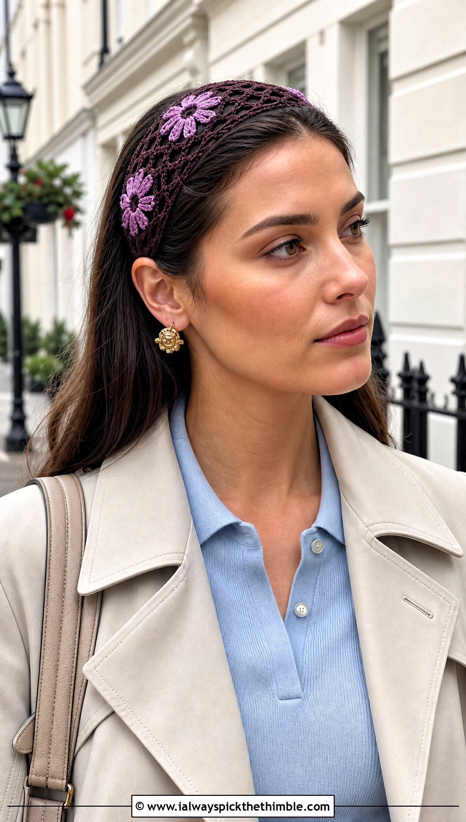 Mesh Daisy Crochet Headband With Trench Coat - 15 daisy flower crochet headband outfit ideas