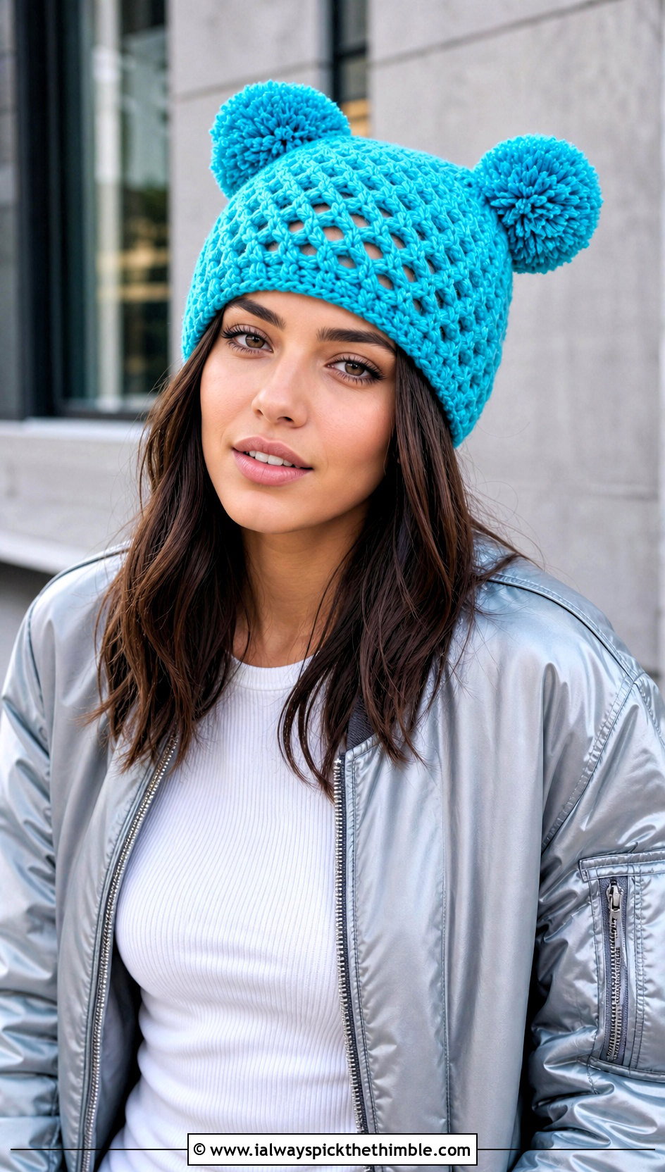 Mesh Double Pom Pom Crochet Hat With Bomber Jacket - 20 Crochet Double Pom Pom Hat outfit ideas