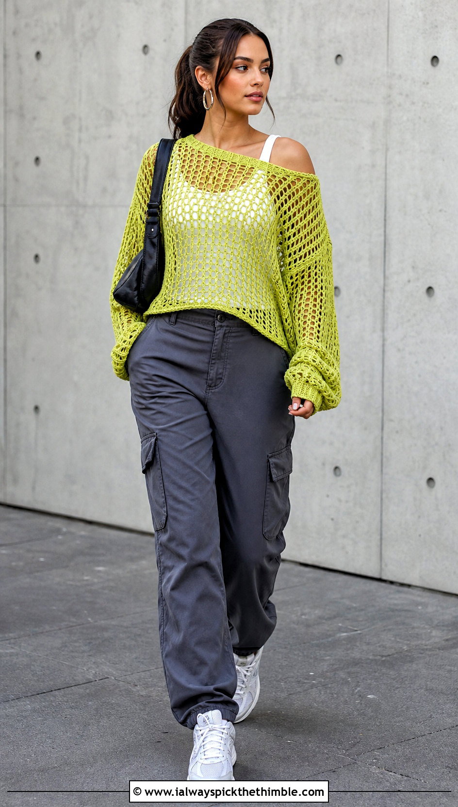 Mesh Drop Shoulder Slouchy Crochet Sweater With Cargo Pants - 20 slouchy crochet sweater outfit ideas