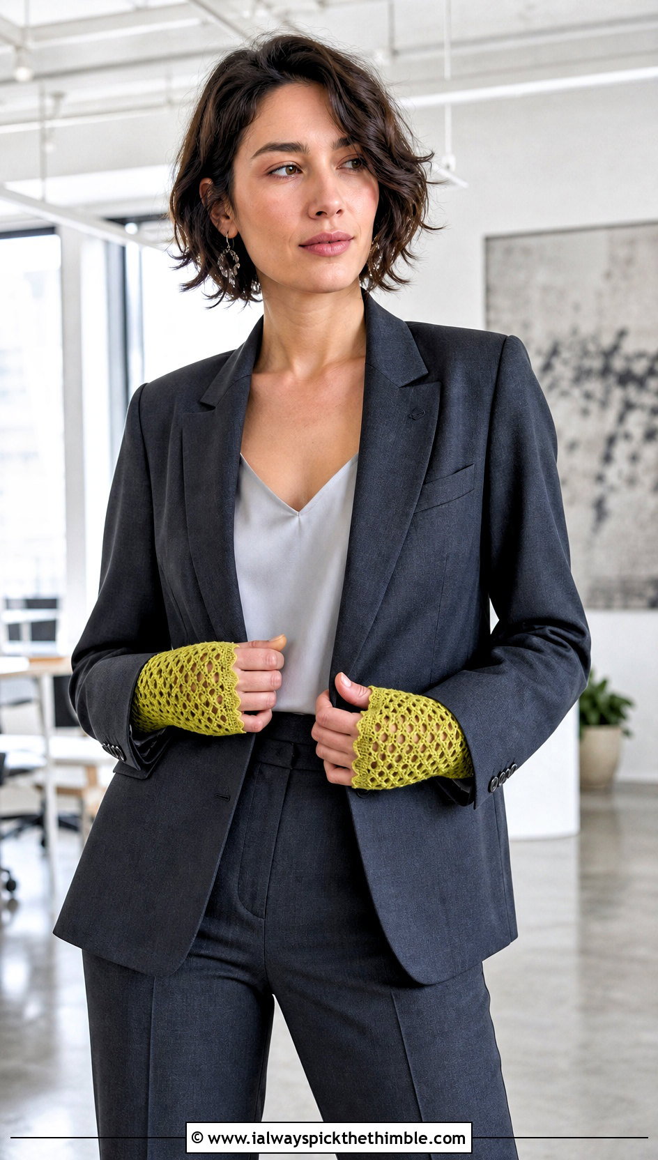 Mesh Fingerless Gloves With Blazer Suit - 20 crochet glove outfit ideas
