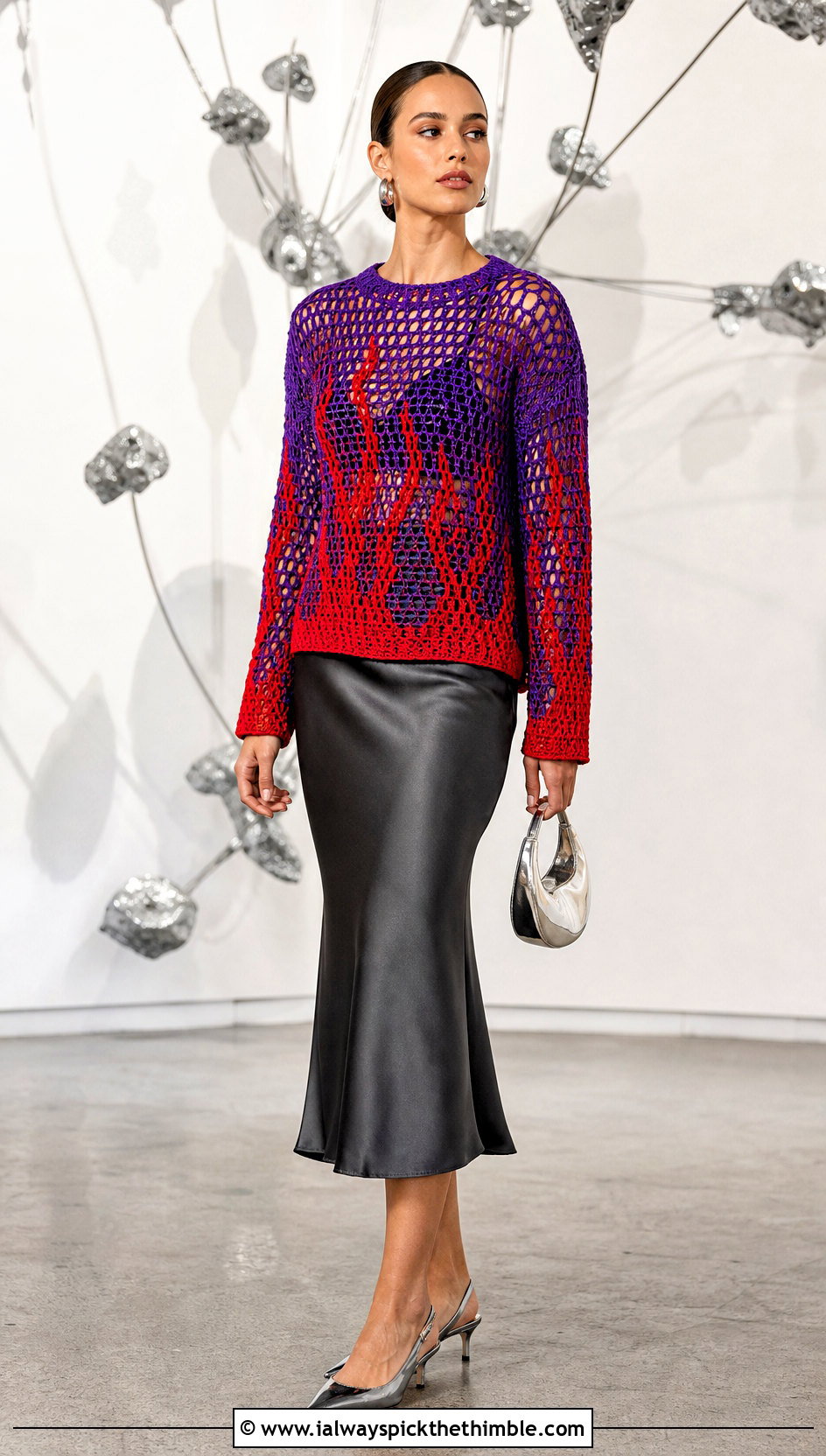 Mesh Flame Crochet Fire Sweater With Satin Midi Skirt - 20 Crochet Fire Sweater outfit ideas