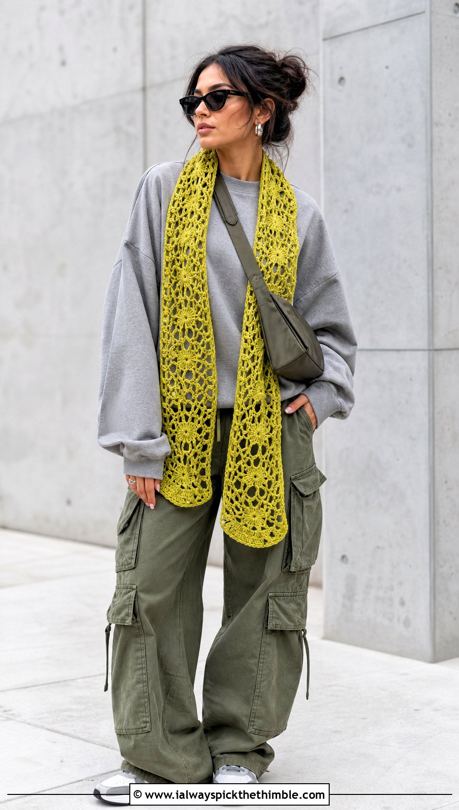 Mesh Flower Crochet Scarf With Sweatshirt And Cargo Pants - 20 crochet scarf with flowers outfit ideas