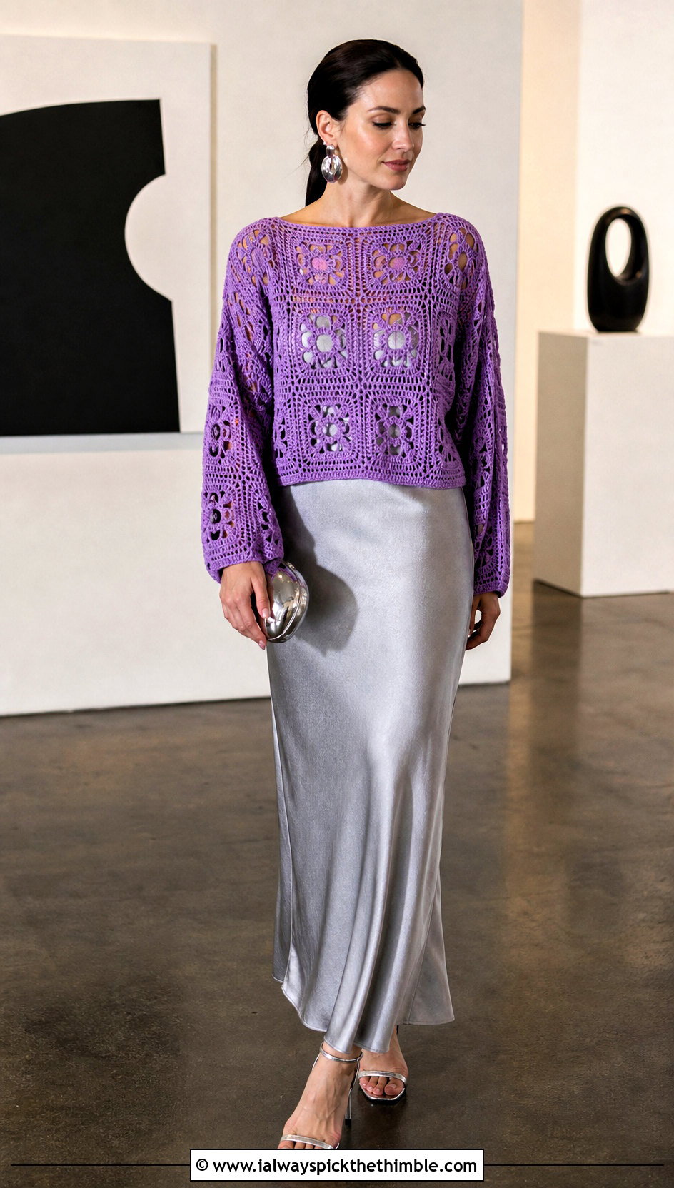 Mesh Granny Square Jumper Over Satin Slip Dress - 25 granny square jumper outfit ideas