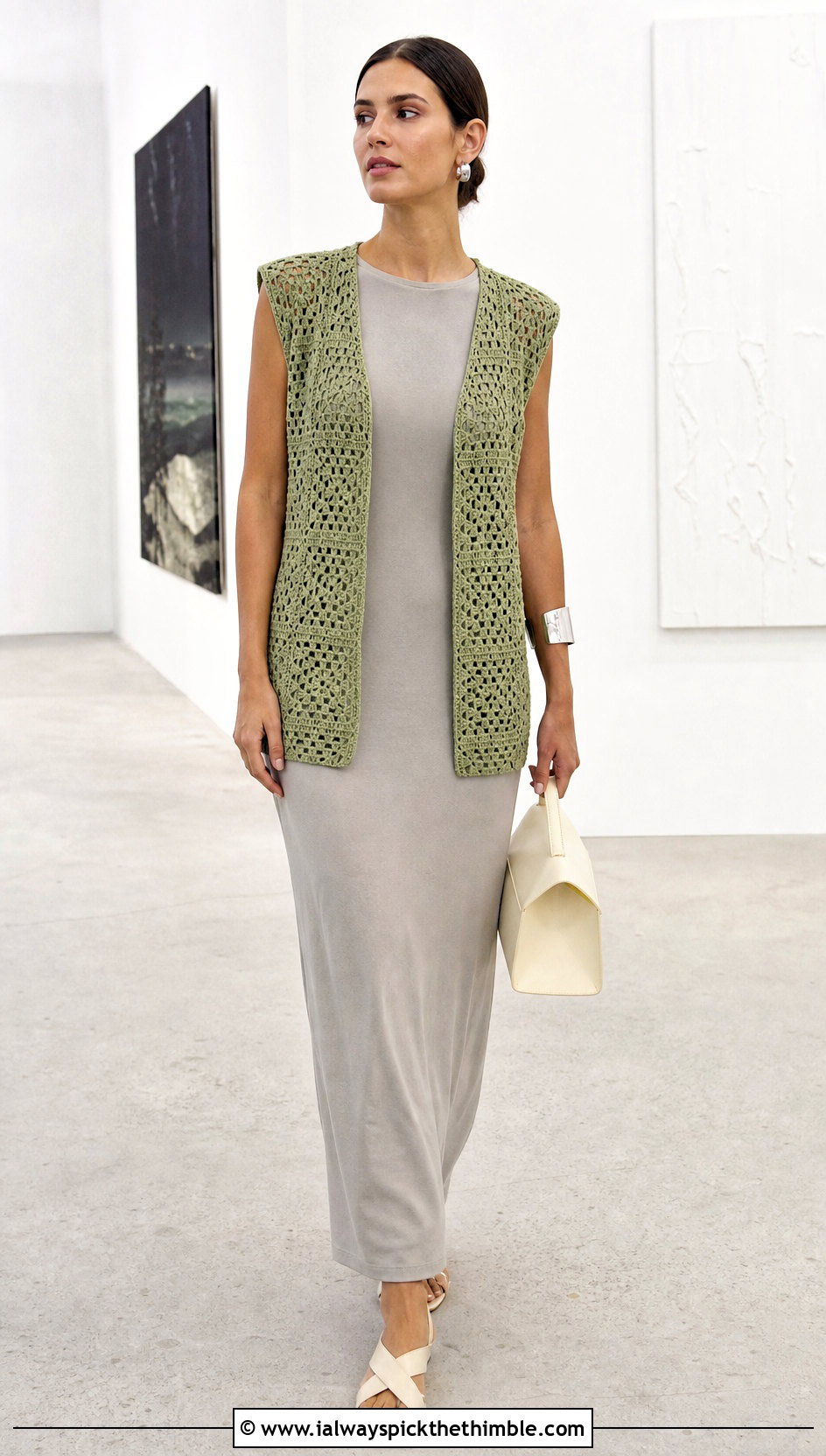 Mesh Granny Square Sleeveless Cardigan With Column Dress - 20 granny square sleeveless cardigan outfit ideas