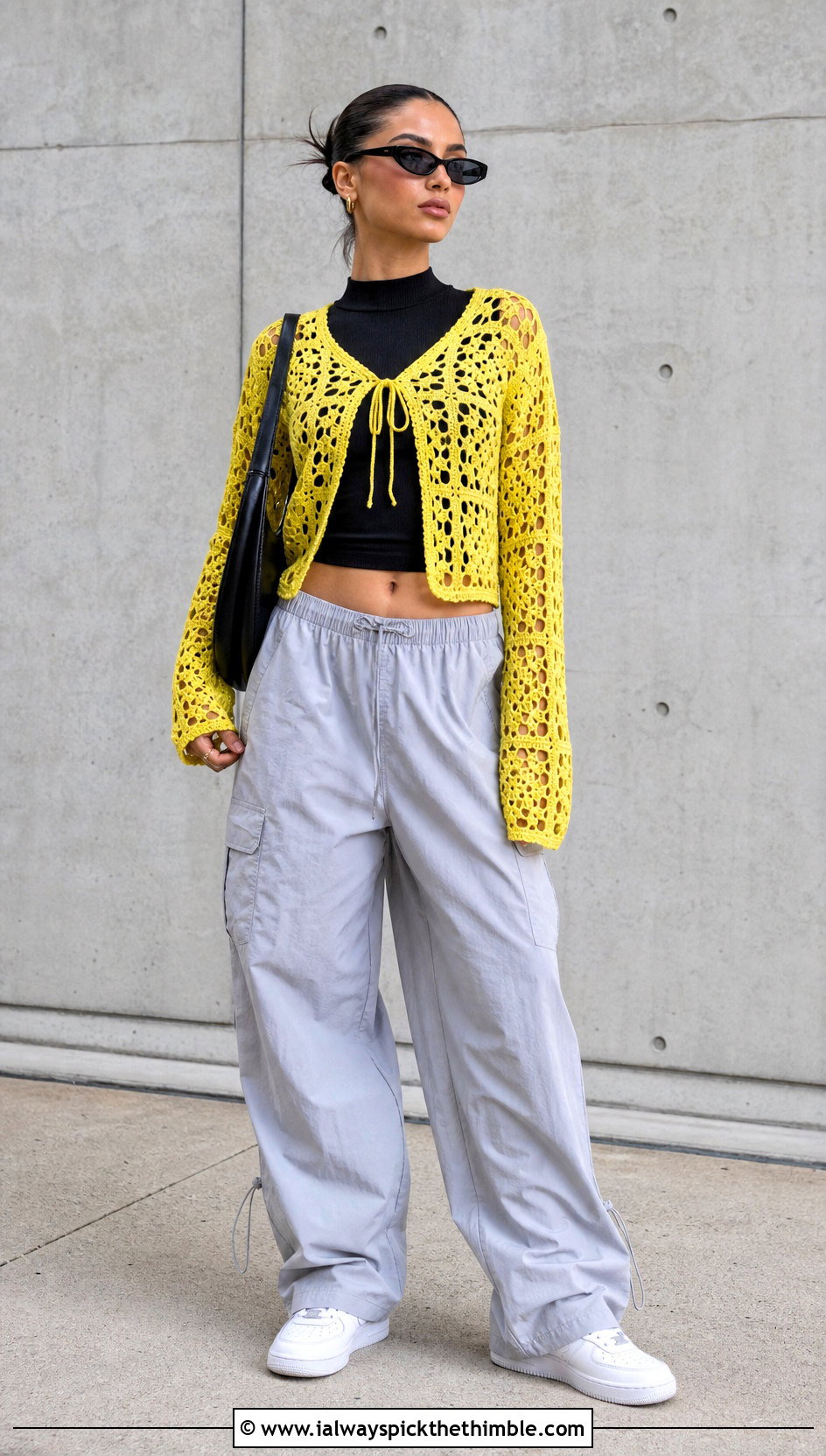 Mesh Granny Square Tie Cardigan With Parachute Pants - 20 Granny Square Tie Cardigan outfit ideas