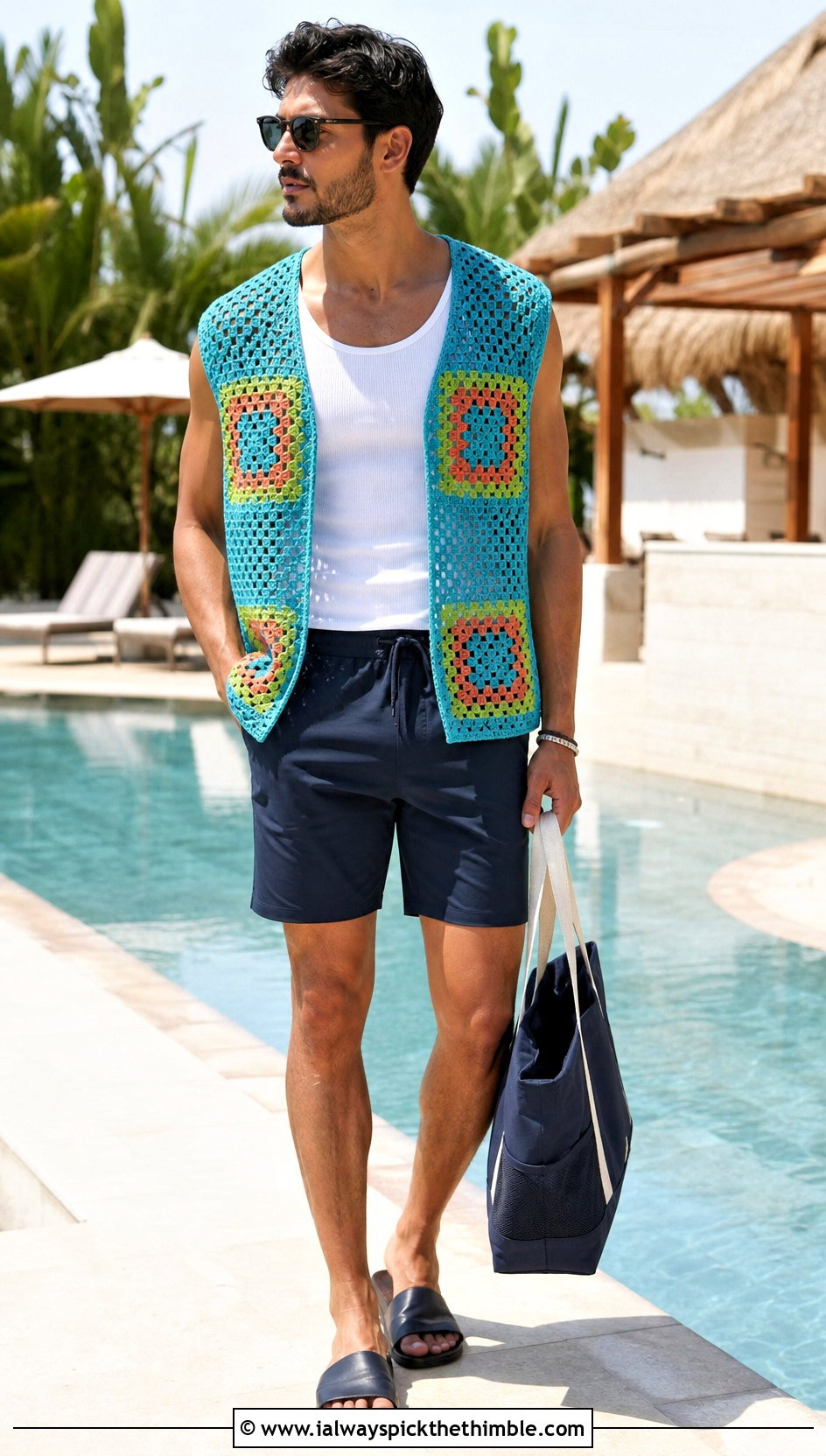Mesh Granny Square Vest With Tank Top And Swim Shorts - 20 crochet granny square mens vest outfit ideas