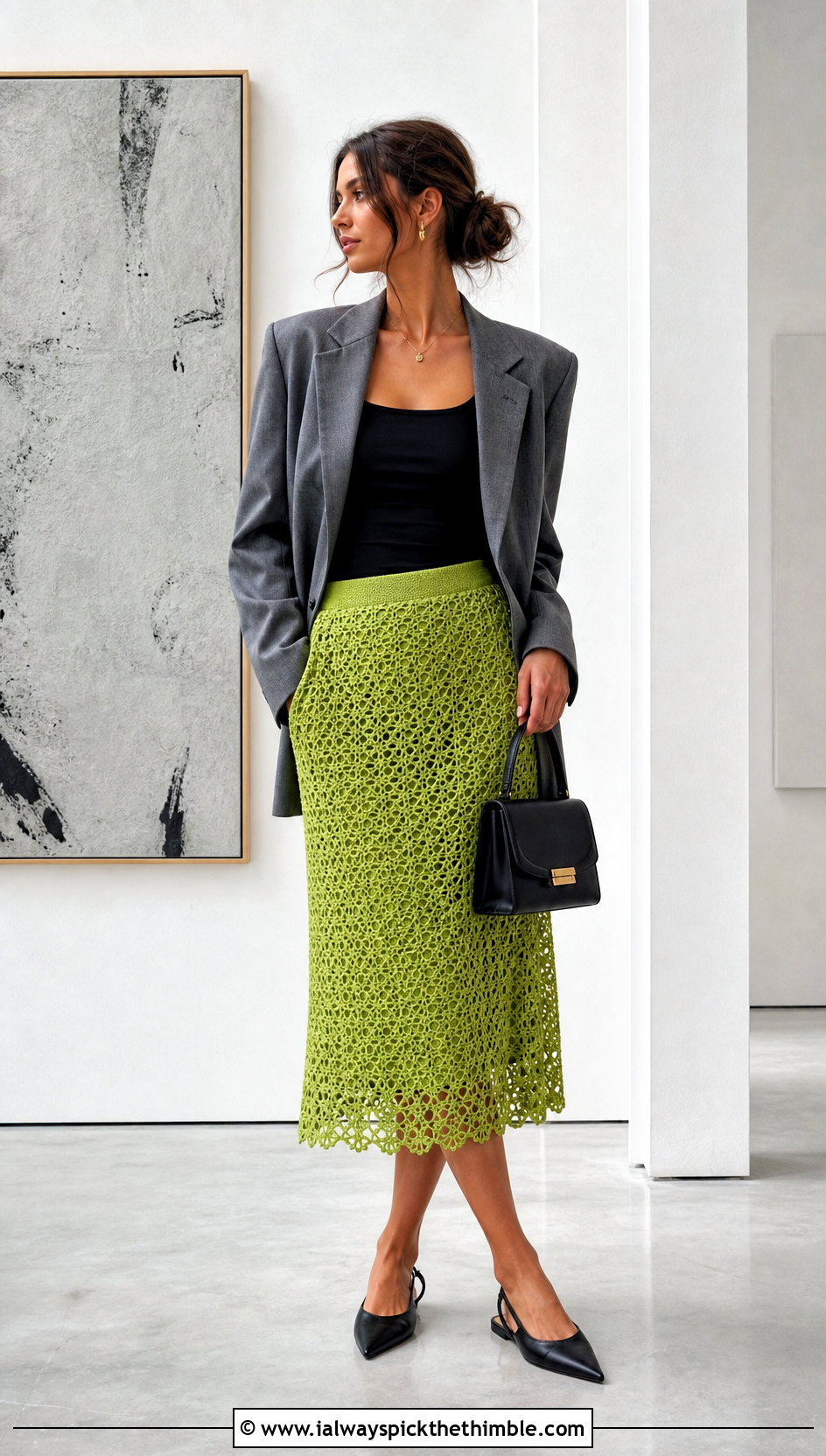 Mesh Green Crochet Midi Skirt With Tank And Blazer - 25 green crochet skirt outfit ideas