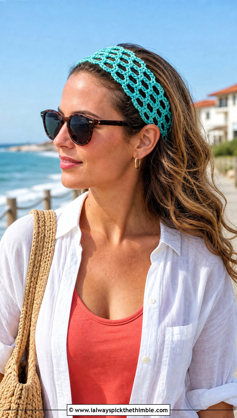 Mesh Hair Tie Crochet Headband With Linen Shirt And Shorts - 15 crochet headband using hair tie outfit ideas