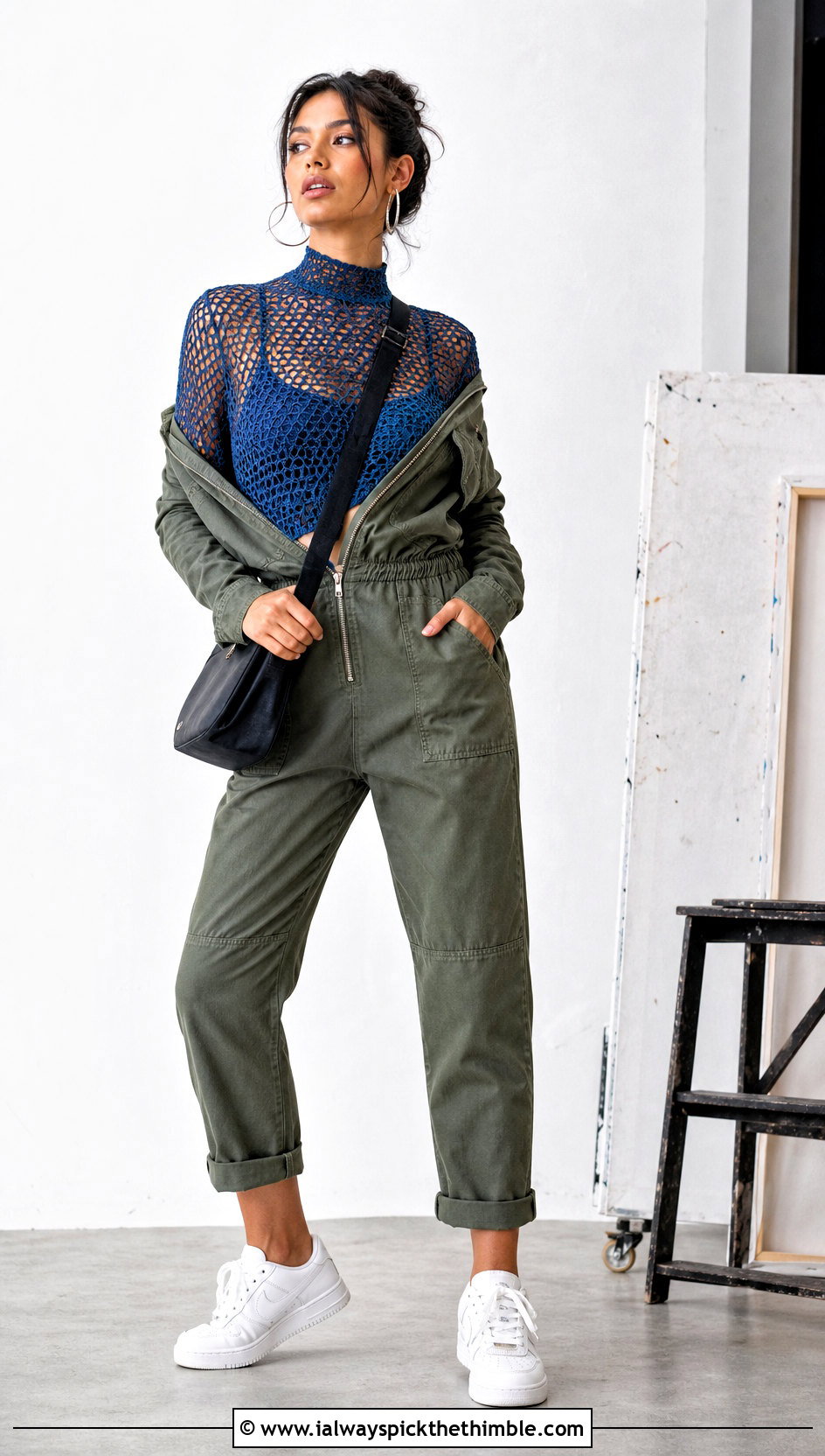 Mesh High Neck Crochet Top Under Utility Jumpsuit - 25 high neck crochet top outfit ideas