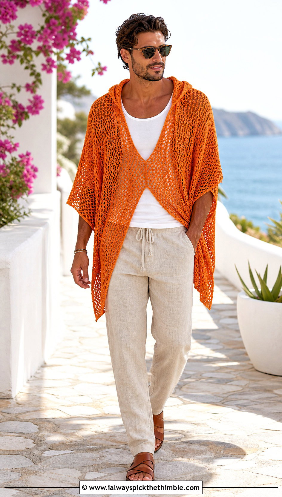 Mesh Hooded Crochet Poncho With Linen Pants - 15 mens hooded crochet poncho outfit ideas
