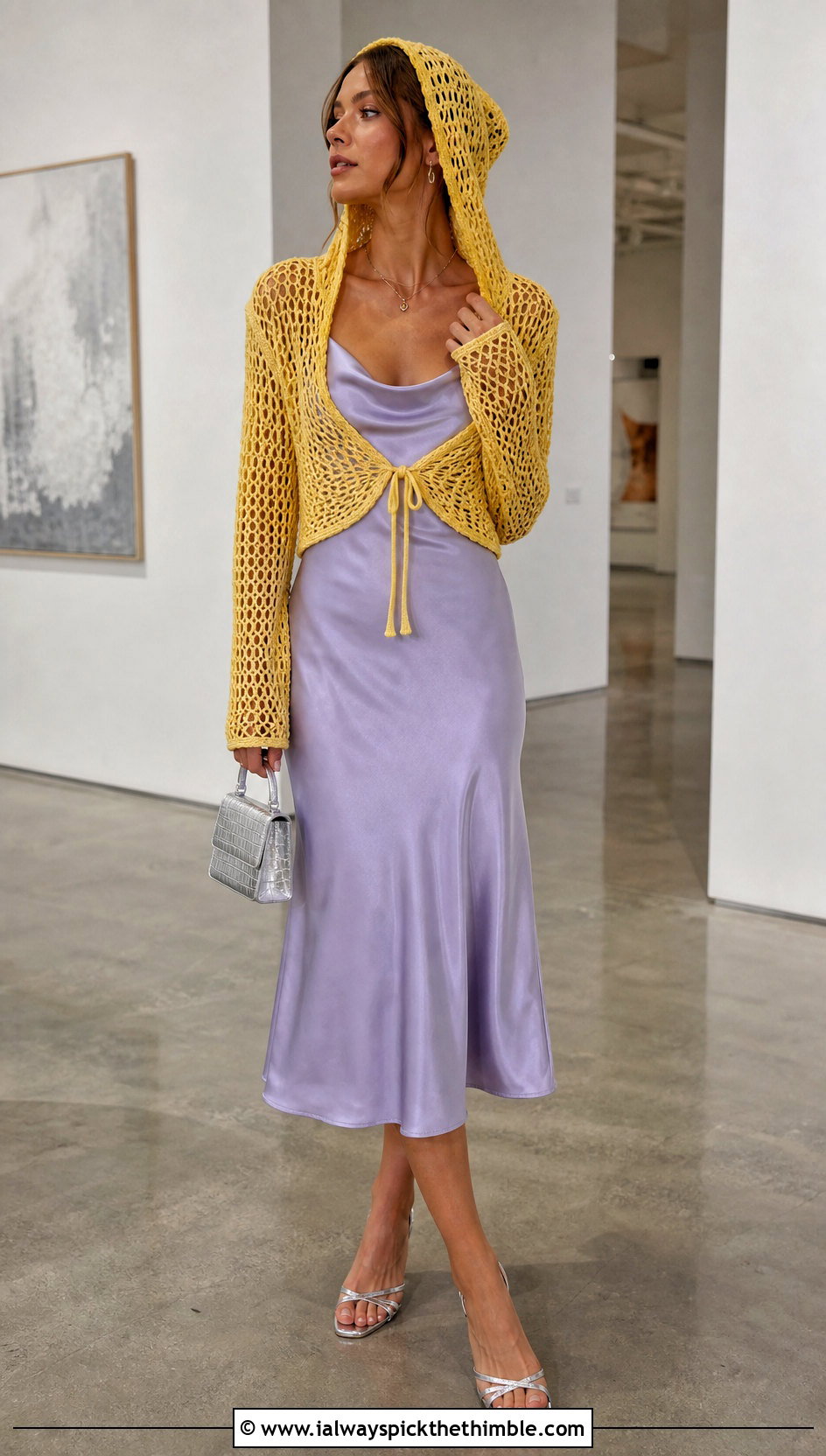Mesh Hooded Crochet Shrug With Satin Slip Dress - 20 hooded crochet shrug outfit ideas