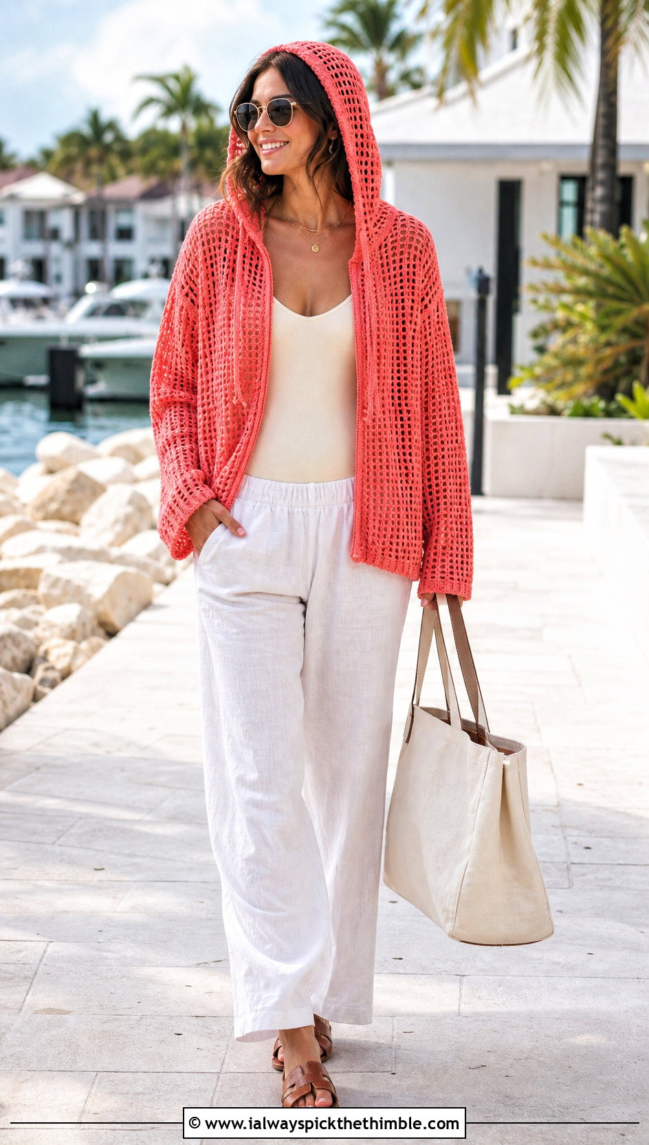 Mesh Hooded Crocheted Sweater With Linen Pants - 20 Crocheted Sweater Outfit ideas