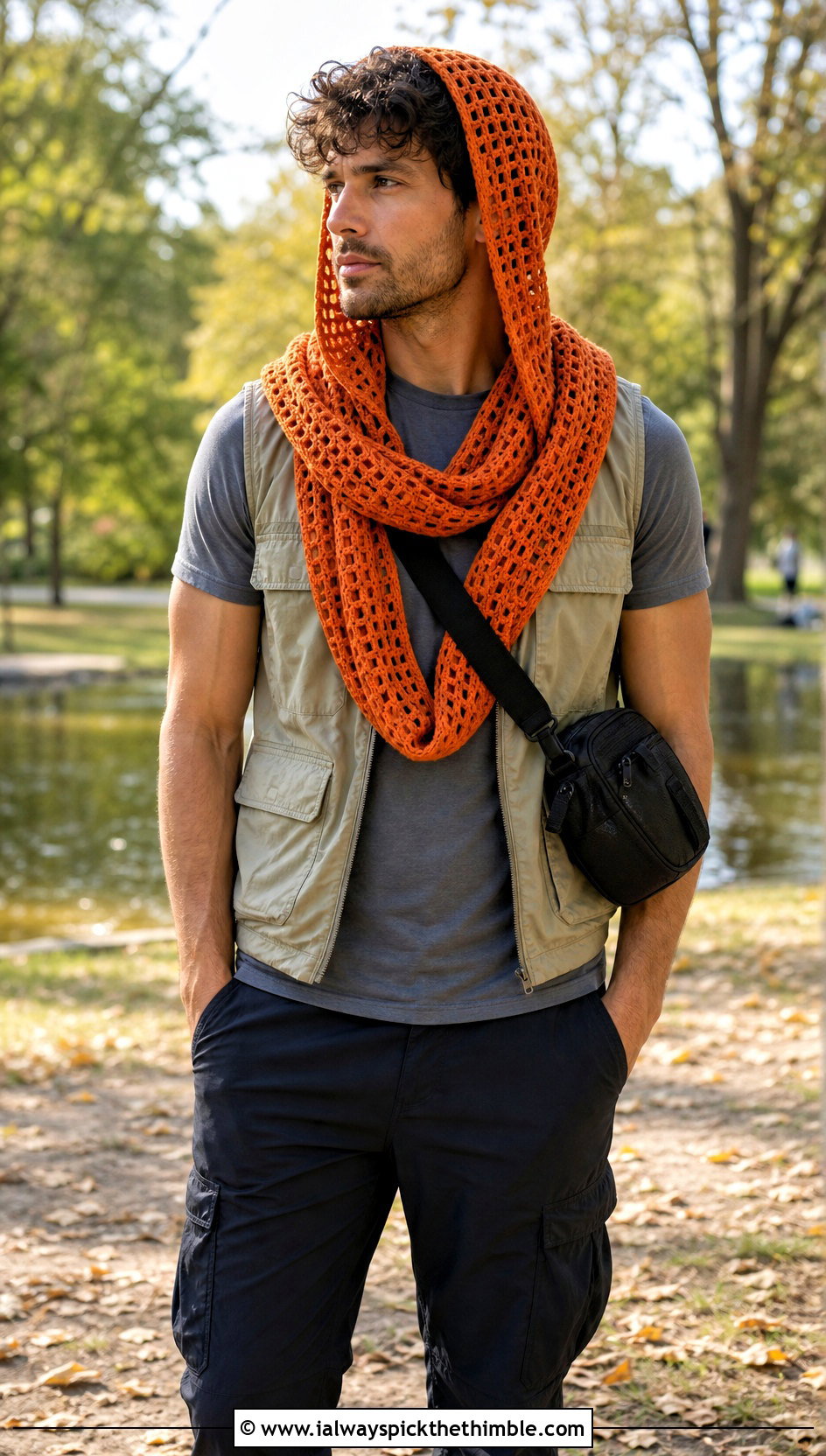 Mesh Hooded Scarf With Utility Vest - 20 Crochet Hooded Scarf For Men outfit ideas