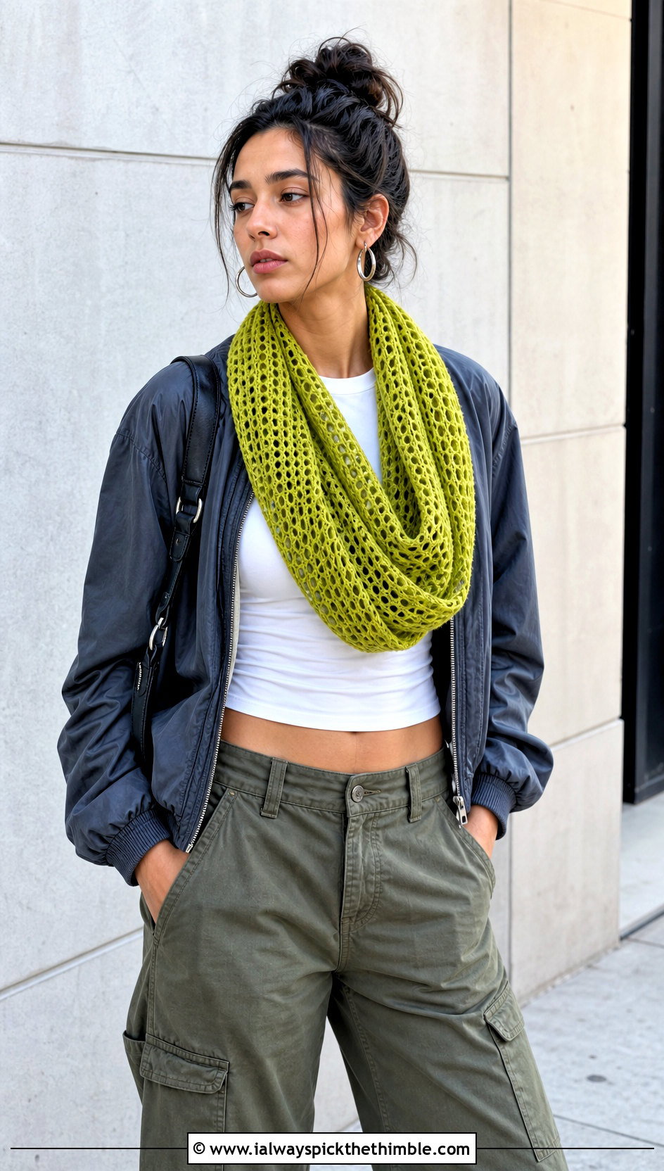 Mesh Infinity Scarf With Cargo Pants - 20 Beginner Crochet Infinity Scarf outfit ideas