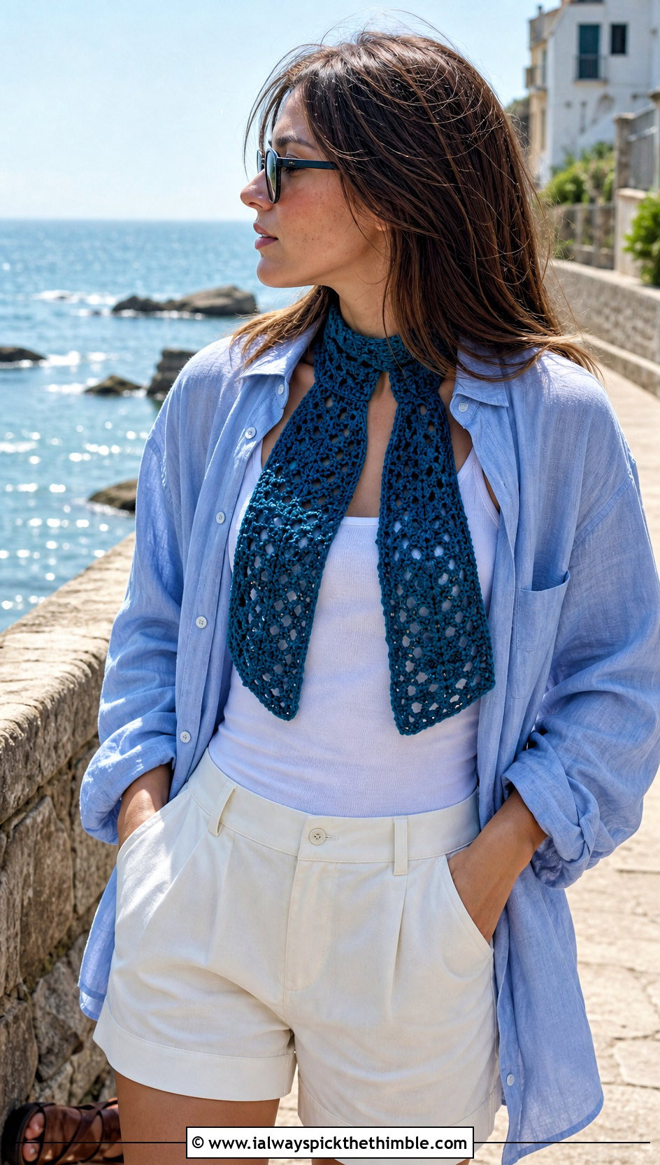 Mesh Keyhole Crochet Scarf With Linen Shorts - 15 Key Hole Crochet Scarf outfit ideas