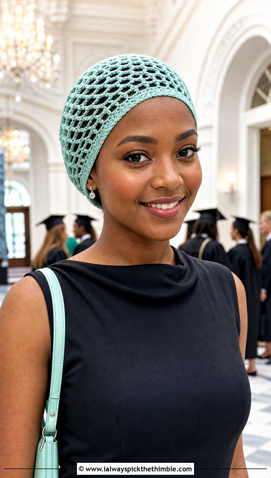 Mesh Lace Cap Cover With Black Maxi Dress - 20 crochet graduation cap cover outfit ideas