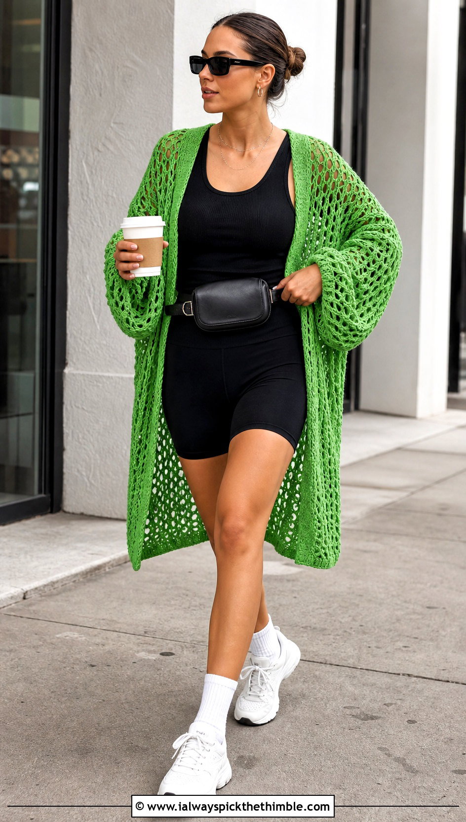 Mesh Lace Cocoon Cardigan With Bike Shorts - 25 crochet lace cardigan outfit ideas