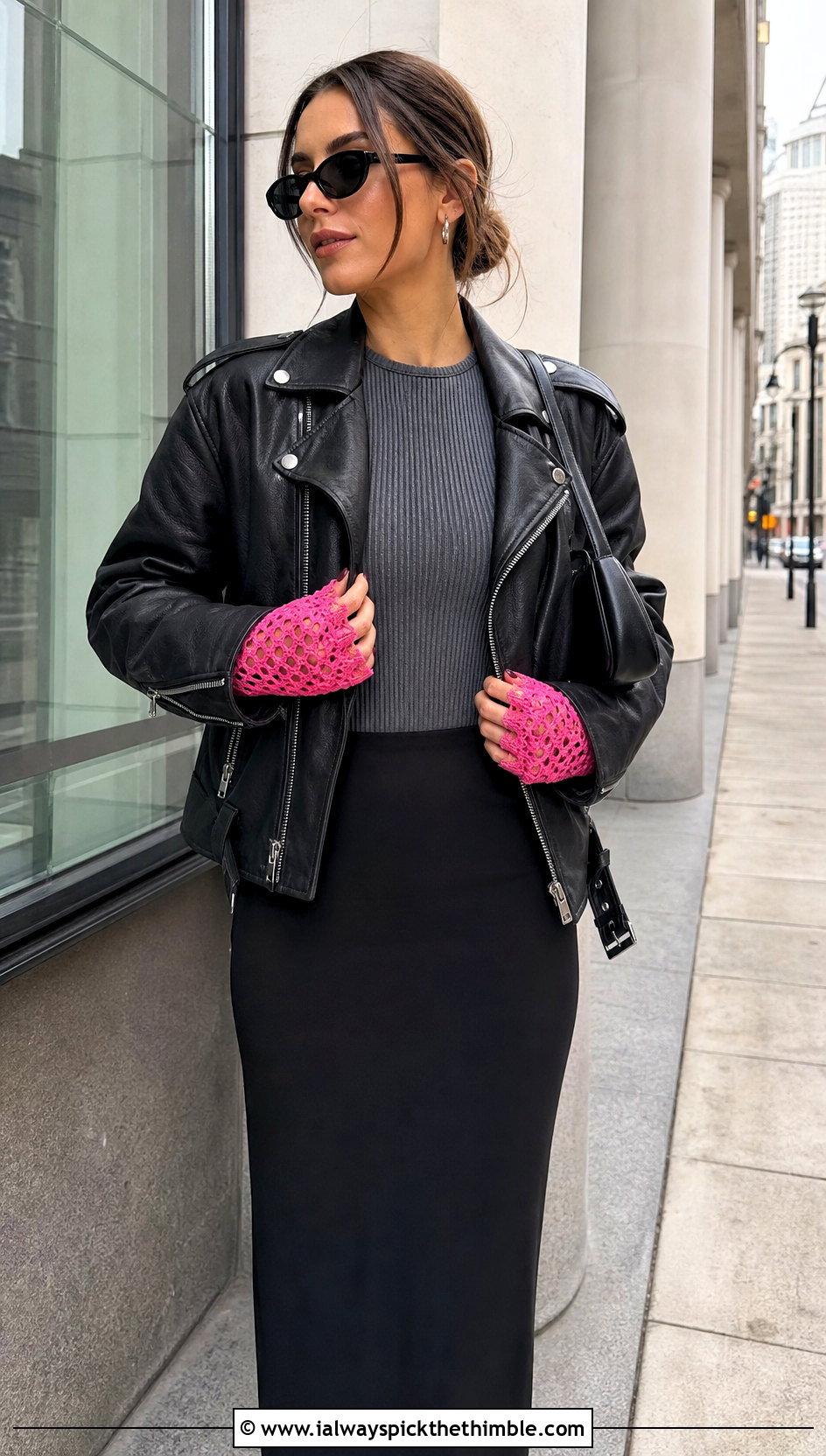 Mesh Lace Crochet Fingerless Gloves With Moto Jacket And Column Skirt - 20 Lace Crochet Fingerless Gloves outfit ideas