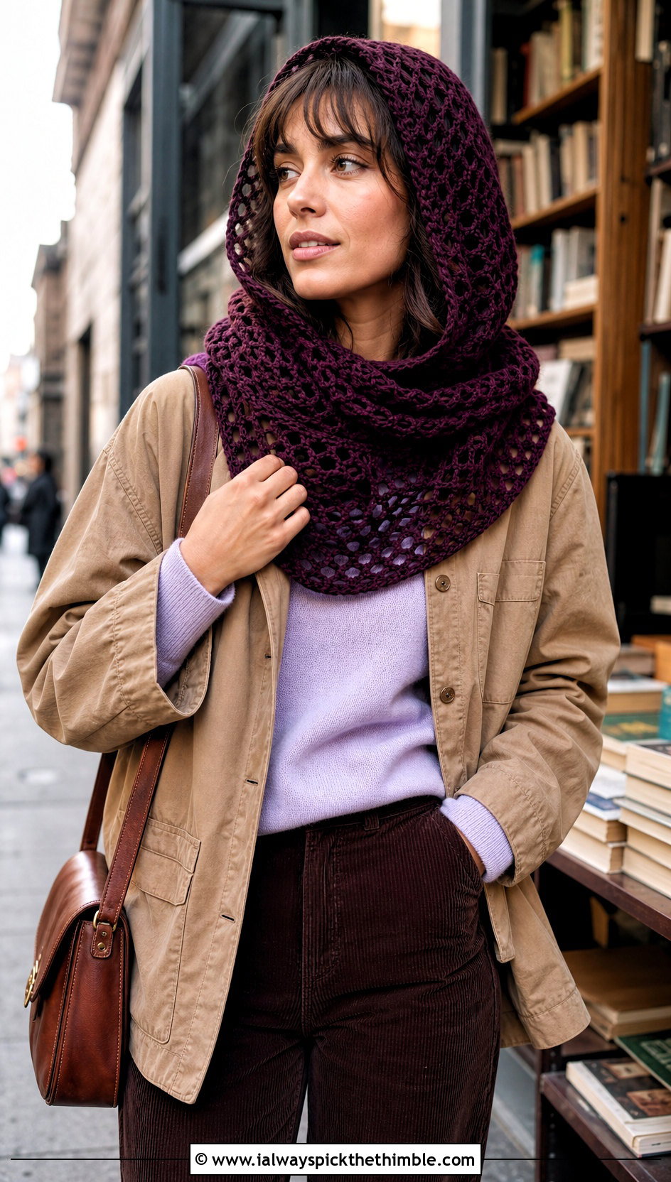 Mesh Lace Crochet Hooded Cowl With Chore Jacket - 20 easy crochet hooded cowl outfit ideas